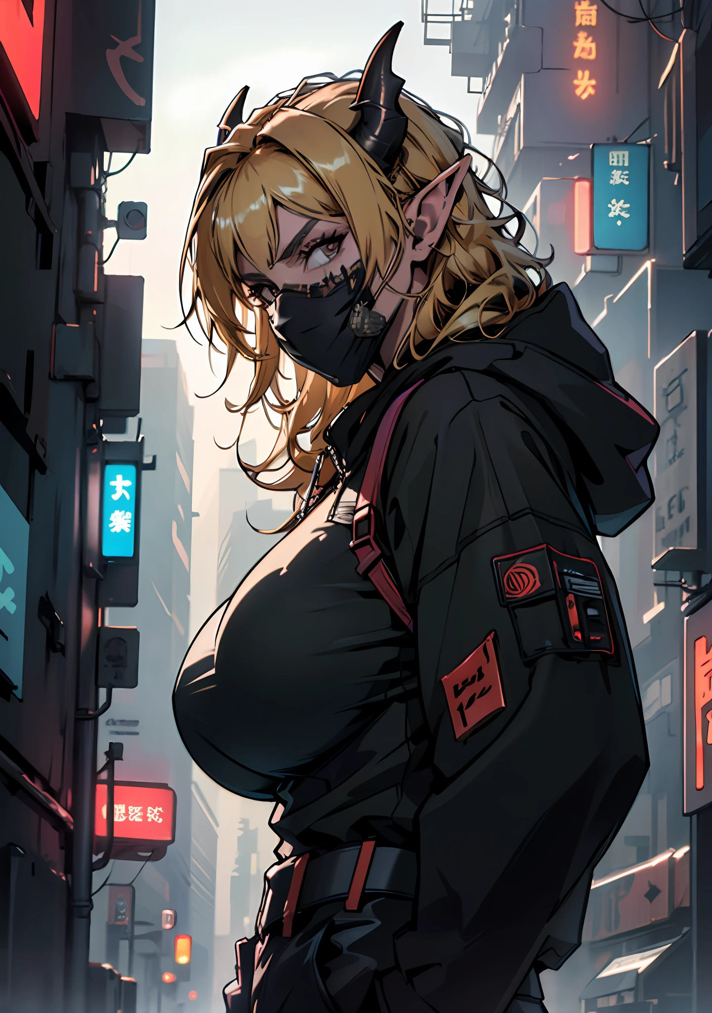 ultra detail, high resolution, ultra detailed, best quality, amazing, top quality, extremely detailed CG 8k wallpaper unit, cinematic lighting, cyberpunk, dark boy, demon with fangs face mask, 1girl, blonde hair, a demon, ears with thin tip, large breasts, hood covering head, elf ear, huge breasts, (((no mistakes))), (((well detailed)), (((extremely well done)))