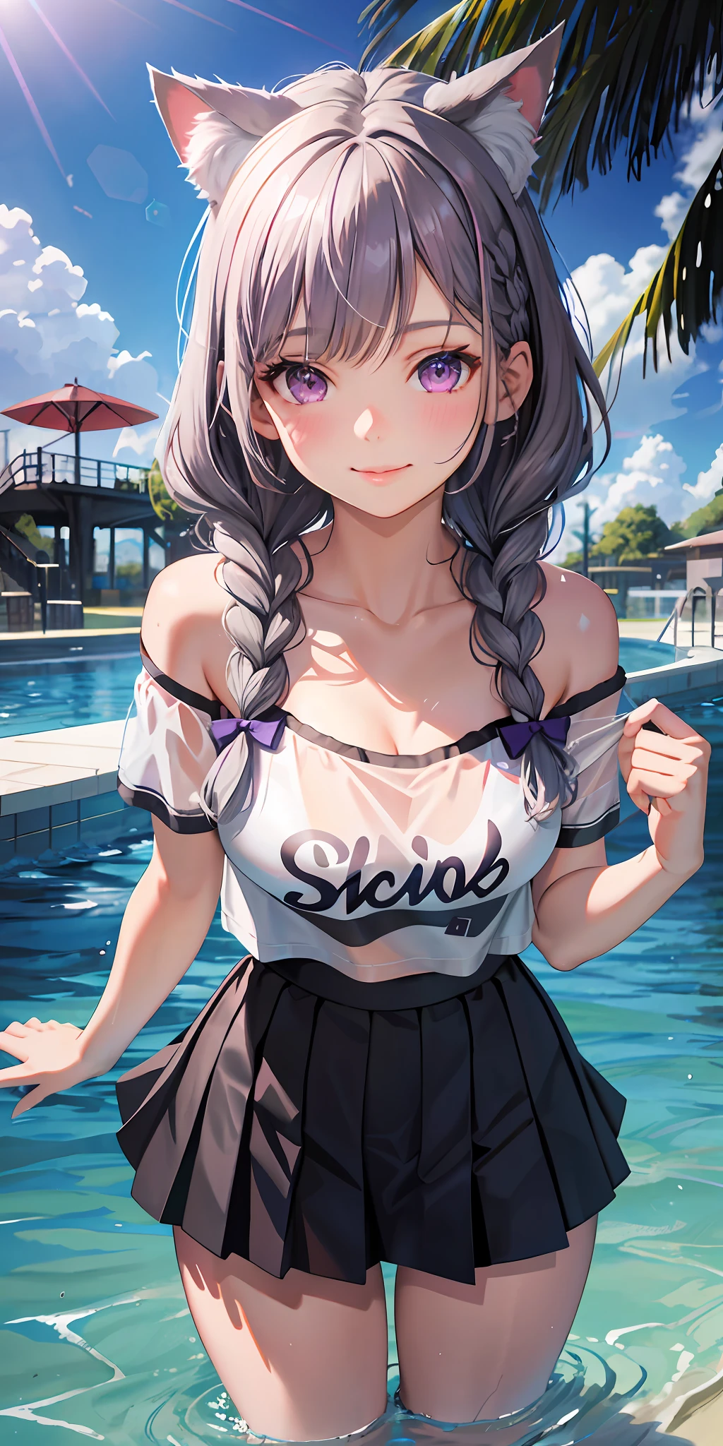 Realistic, 1girl, hair with two braids, cat ears on head, lips apart, blush, makeup, smile, gray hair, t-shirt, skirt, glowing thighs, purple eyes, bare shoulders, collarbone, narrow waist, water park, sunshine, (masterpiece), lingerie,