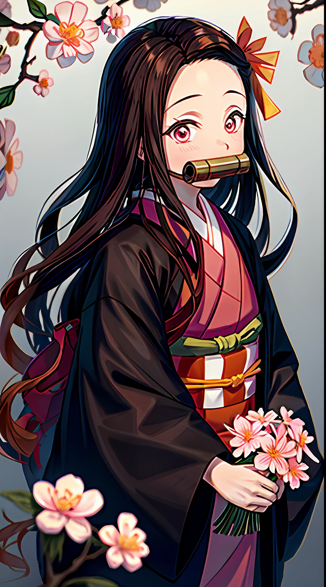 Tsuko Kamato, 1girl, bamboo, bit gag, brown hair with orange gradient, hair ribbon, haori, japanese clothes, kimono, long hair, looking at the audience, pink eyes, pink kimono with white flowers, pink ribbon, ribbon, solo, upper body, anime style