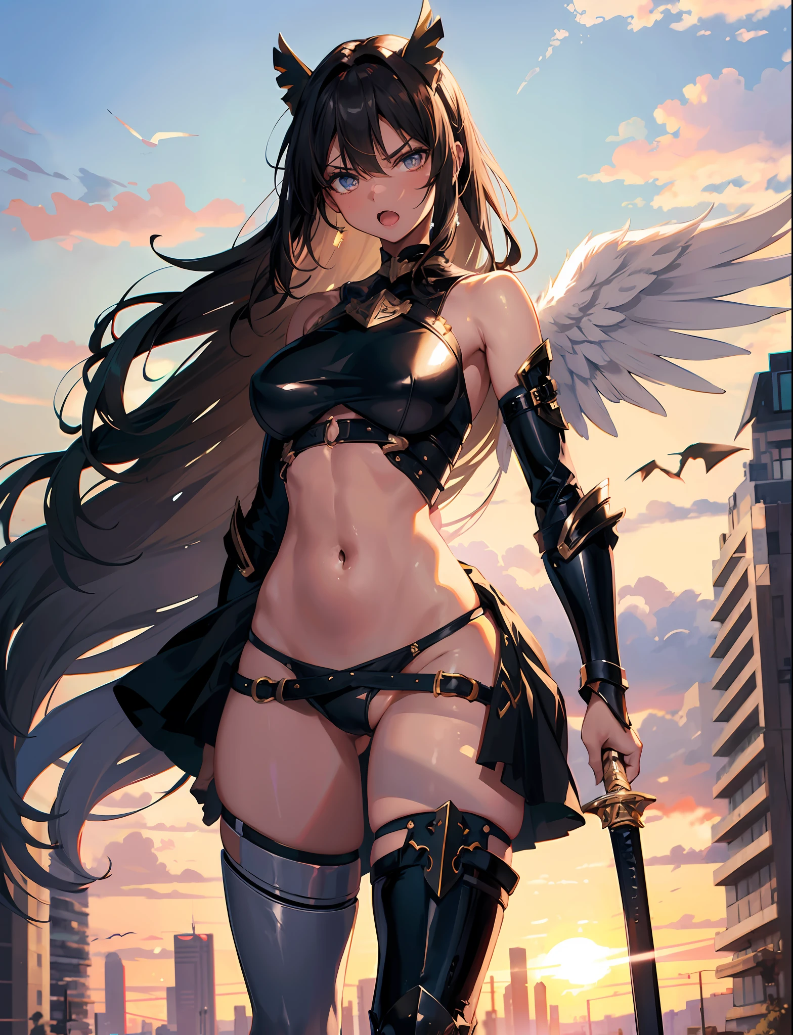 fantasy, 1angel_girl, brown_hair, ponytail_hair, (dark_skin)+, stout, bare_shoulder, navel, thigh,silver_shiny_armor, white_clothes,waist_armor, grebe, hold_swords, big_, angry, dynamic_fighting_pose, floating, (1pair_white_wings), sunrise_city_background,(pelvic_curtain)++, open_mouth, headgear, large_ass,public_indecency,