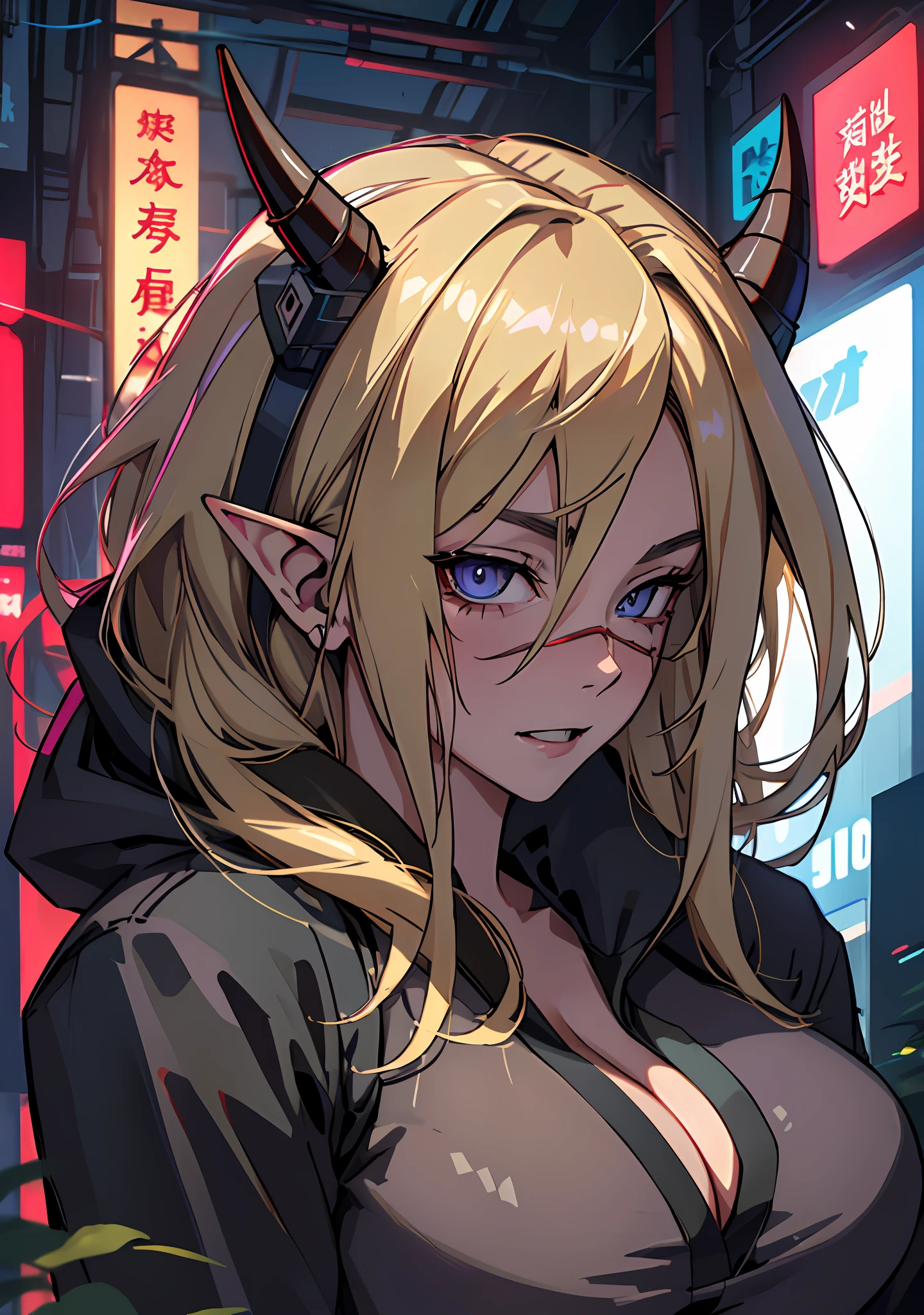 ultra detail, high resolution, ultra detailed, best quality, amazing, top quality, extremely detailed CG 8k wallpaper unit, cinematic lighting, cyberpunk, dark boy, demon with fangs face mask, 1girl, blonde hair, a demon, thin tipped ears, large breasts, hood covering head, elf ear, huge breasts, Tsunade's clothes, (((no errors)))), ((well detailed)),  (((extremely well done)))