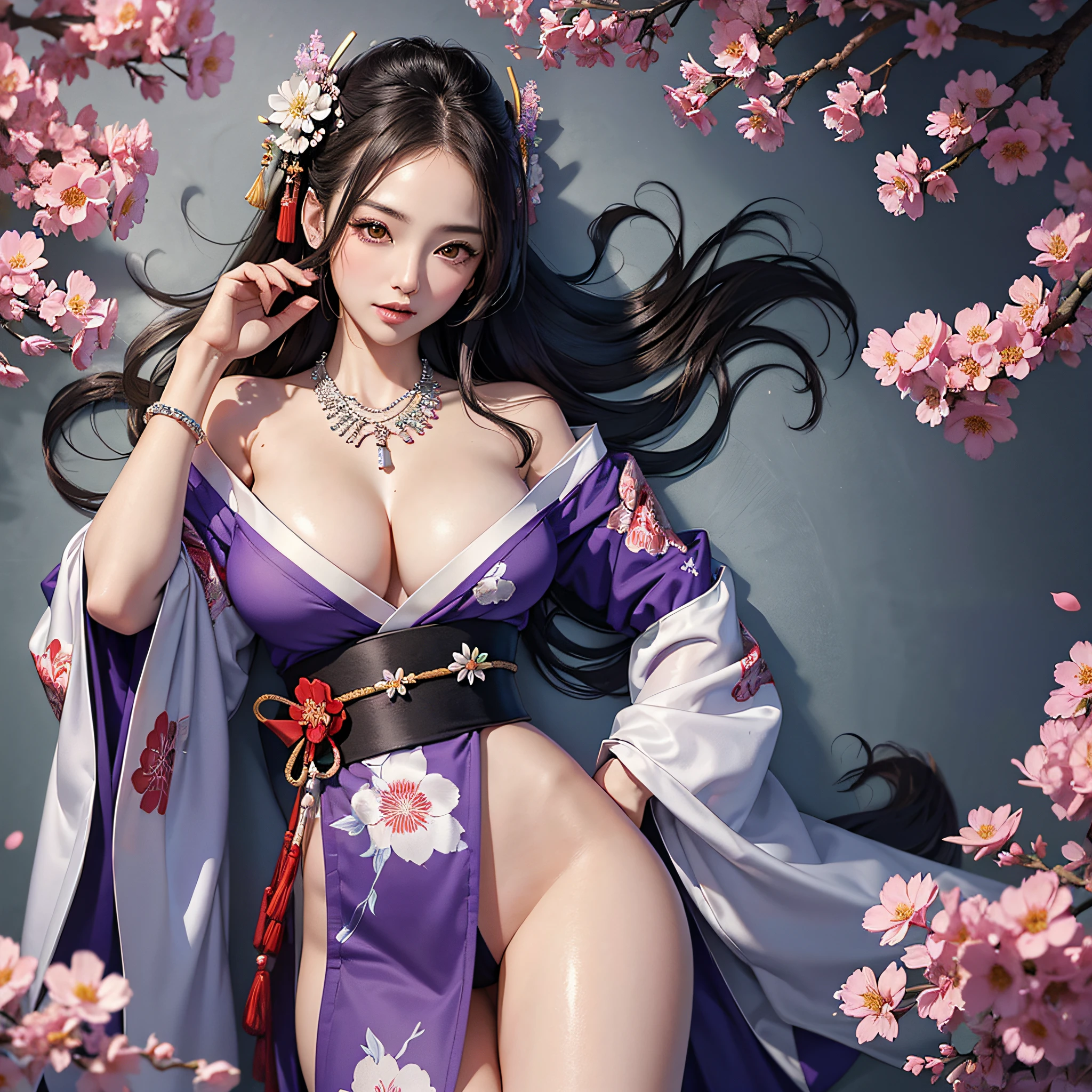 ((legs wide open, crotch wide open)), (cinematic light, top quality, 8K, masterpiece: 1.3), (world wonderful, goddess of Japan, Japan beautiful girl, Korean goddess), (upper body), (one girl), (necklace, bracelet, anklet, leg ring), (huge, cleavage, exposed breasts, sexy cleavage, very detailed breasts), (huge breasts), À la Fed woman in kimono, kimono, classic kimono, kimono, Japan kimono, long beautiful flowing kimono, intricate geisha kimono, red or purple kimono with floral pattern, Japanese style, wearing kimono, legs wide open, crotch wide open, inspired by Kano Hogai,