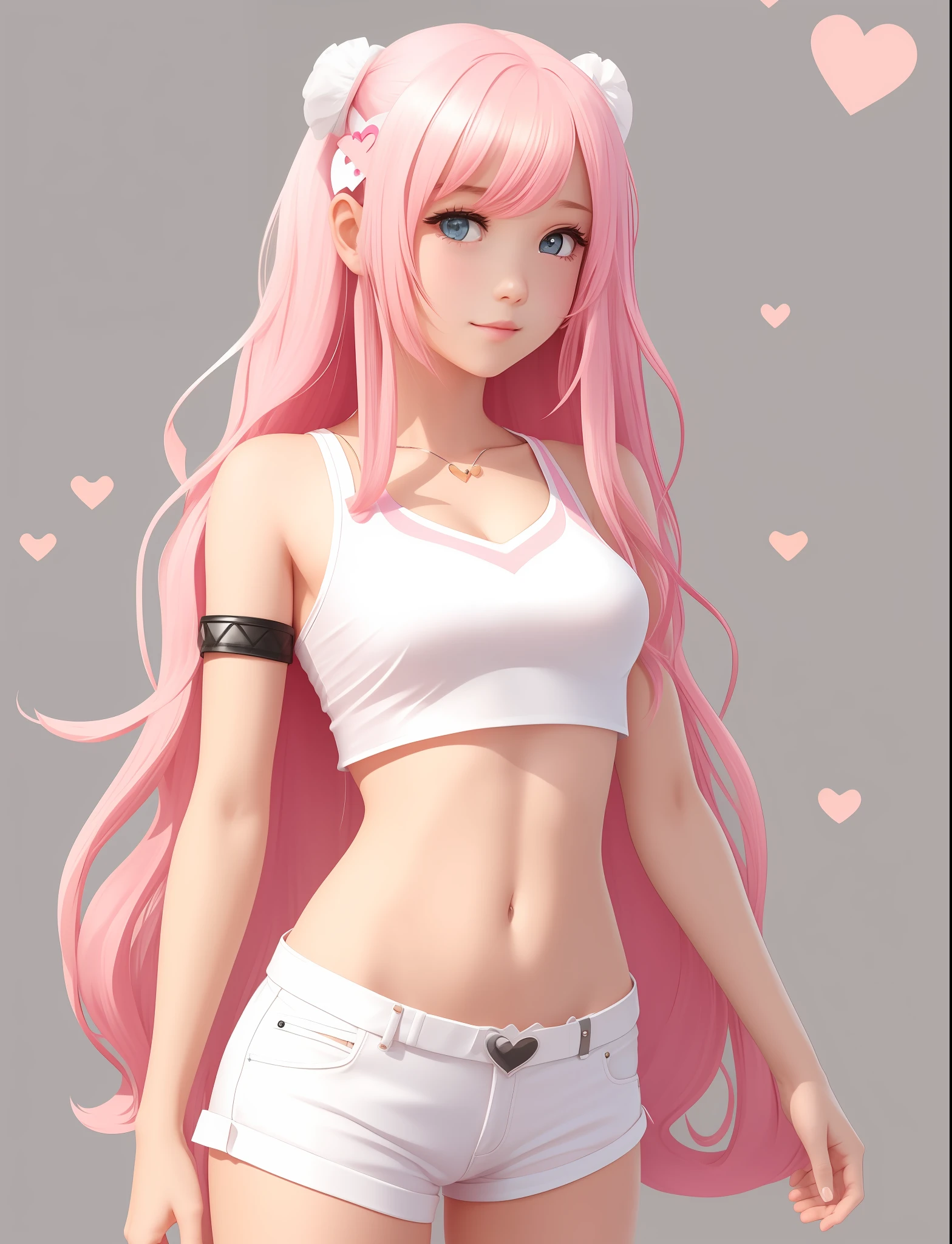 A cute girl, long pink hair, white crop top, white shorts, hearts, black background