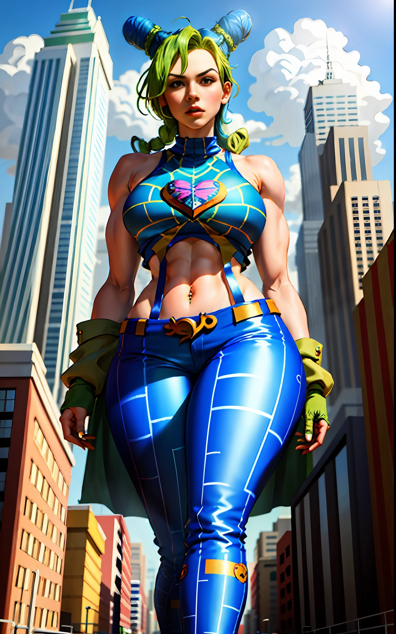 masterpiece, best quality, 1girl, solo, giant, giant, (((towering over you)))), (full body), 1girl, jolynejojo, half body, digital art, masterpiece, green and blue hair, cropped, sleeveless, wearing pants
