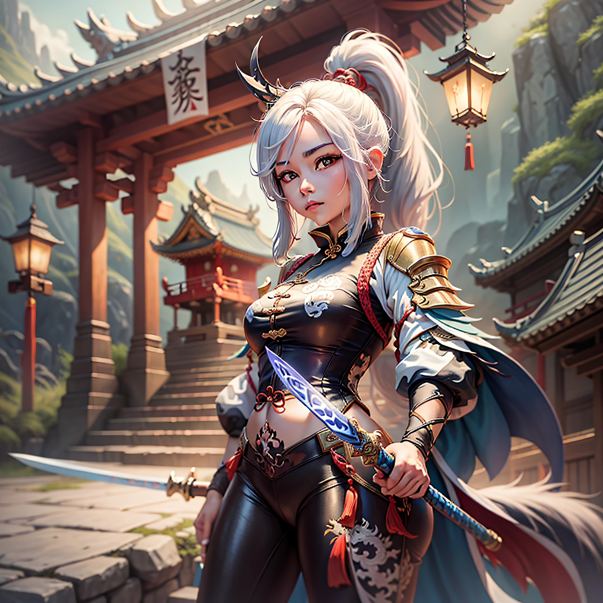 Frontal maiden, holding a sword, Chinese dragon behind back, night, shrine