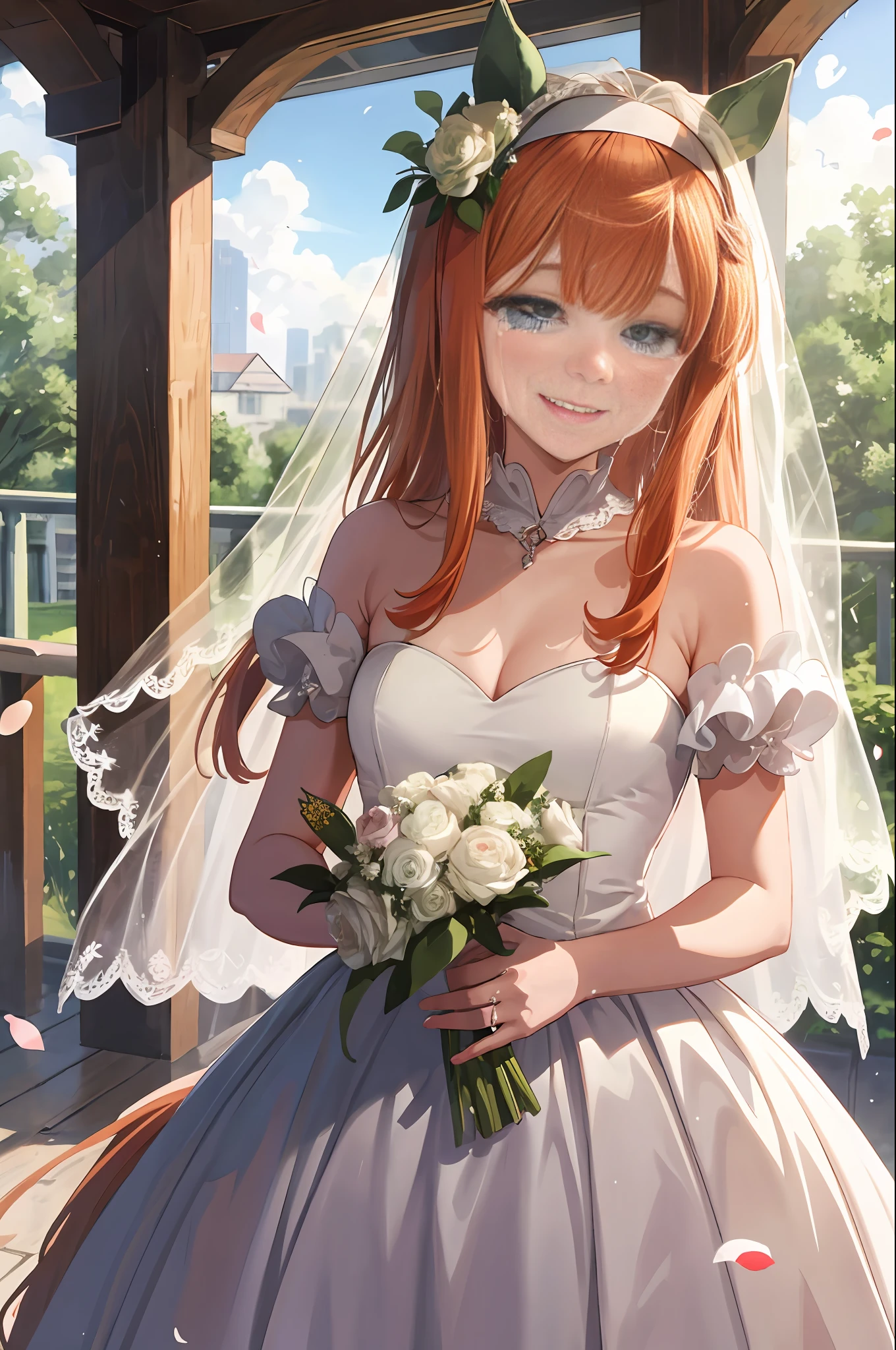 masterpiece, top quality, wide angle, small breasts,horse tail, silence suzuka \(umamusume\), horse ears, light smile, wedding dress,veil,wedding hall,holding wedding flower,happy,crying with joy,upper body,