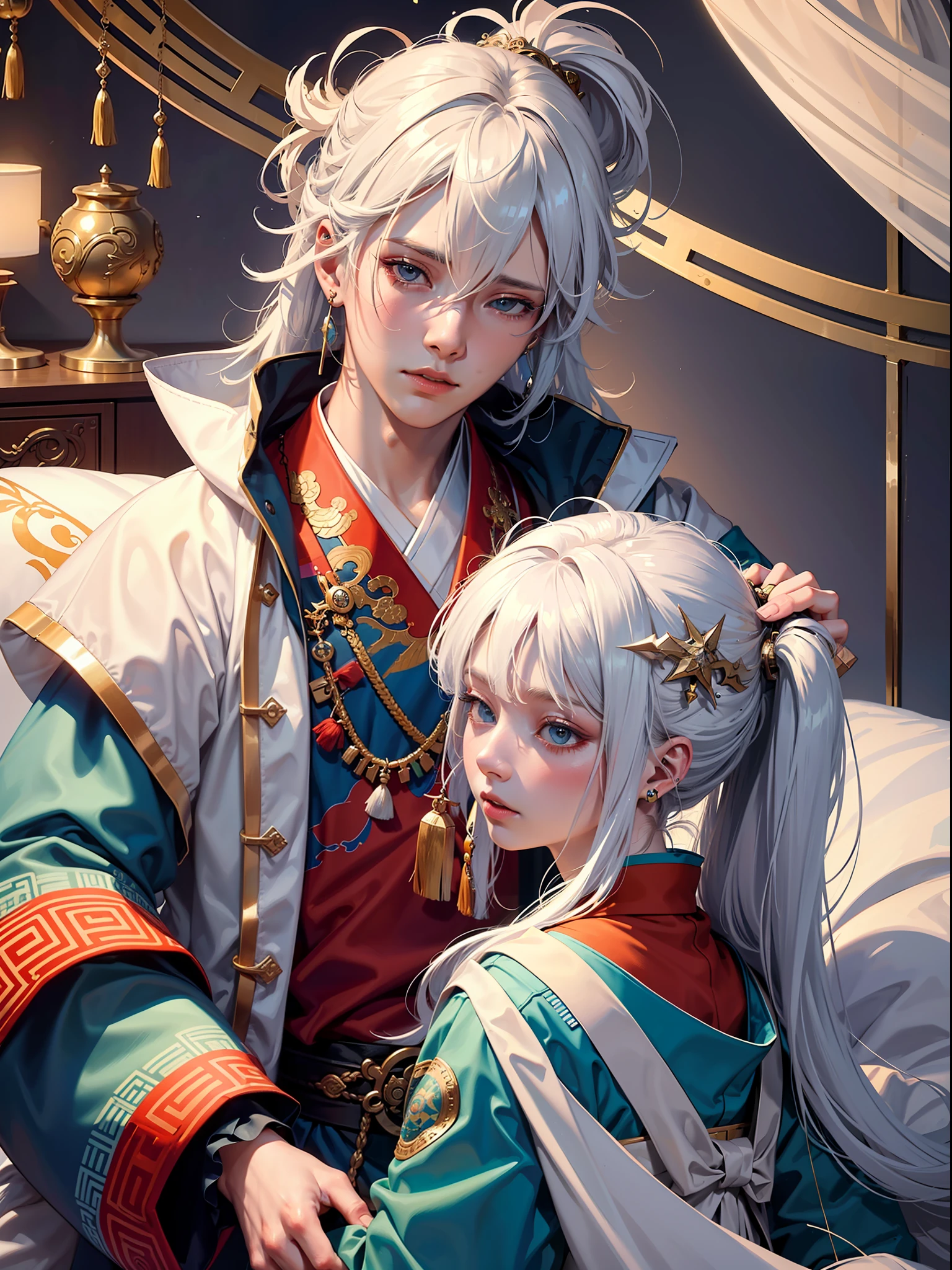 Concept Art, "1 Couple, Male Focus, Fin Ears, Multicolored Hair, Handsome Boy, Long White Hair, Tassels, Bangs, Carp, Colorful, Bold Colors, White Kimono, (Open) Kimono, Traditional Chinese Clothing, Close-up, Intimate Interaction in Bed, Stud Earrings, Rings, Sweat, Illuminate People", Colorful, Master Composition, Focus on Key Figures, Realism, Masterpiece, Award-Standing, Best Quality, Masterpiece, Ultra Detailed, 8K, Extremely Detailed CG Unity 8k wallpaper, complex, highly detailedrealistic