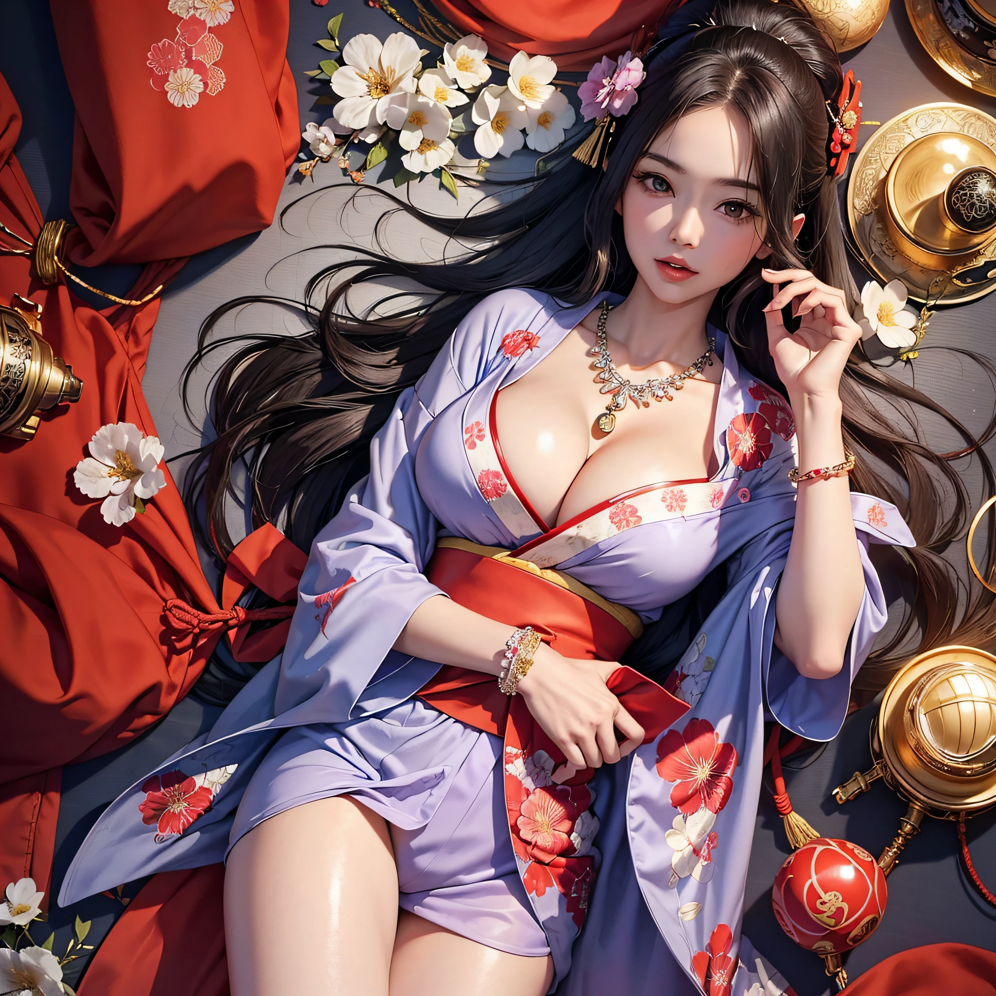 ((legs wide open, crotch wide open)), (cinematic light, top quality, 8K, masterpiece: 1.3), (world wonderful, goddess of Japan, Japan beautiful girl, Korean goddess), (upper body), (one girl), (necklace, bracelet, anklet, leg ring), (huge, cleavage, exposed breasts, sexy cleavage, very detailed breasts), (huge breasts), À la Fed woman in kimono, kimono, classic kimono, kimono, Japan kimono, long beautiful flowing kimono, intricate geisha kimono, red or purple kimono with floral pattern, Japanese style, wearing kimono, legs wide open, crotch wide open, inspired by Kano Hogai,