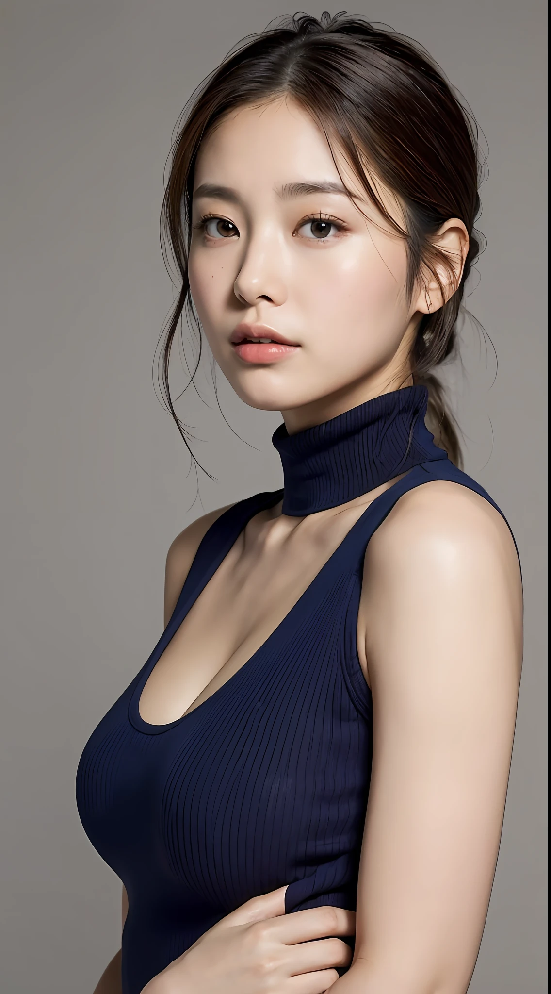 (Best Quality, 8k, 32k, Masterpiece, UHD: 1.2), Cute Japan Woman Picture, 1 Girl, Profile, (Big), (Tall Woman), (Abs, Slim Figure: 1.2), (Lips), (Medium Short Dark Brown Hair), Dark Blue Ribbed Turtleneck, Sleeveless, Big Buttocks Protruding, Sideways, Chest Stretched, Arms Thrown Back, Side Angle