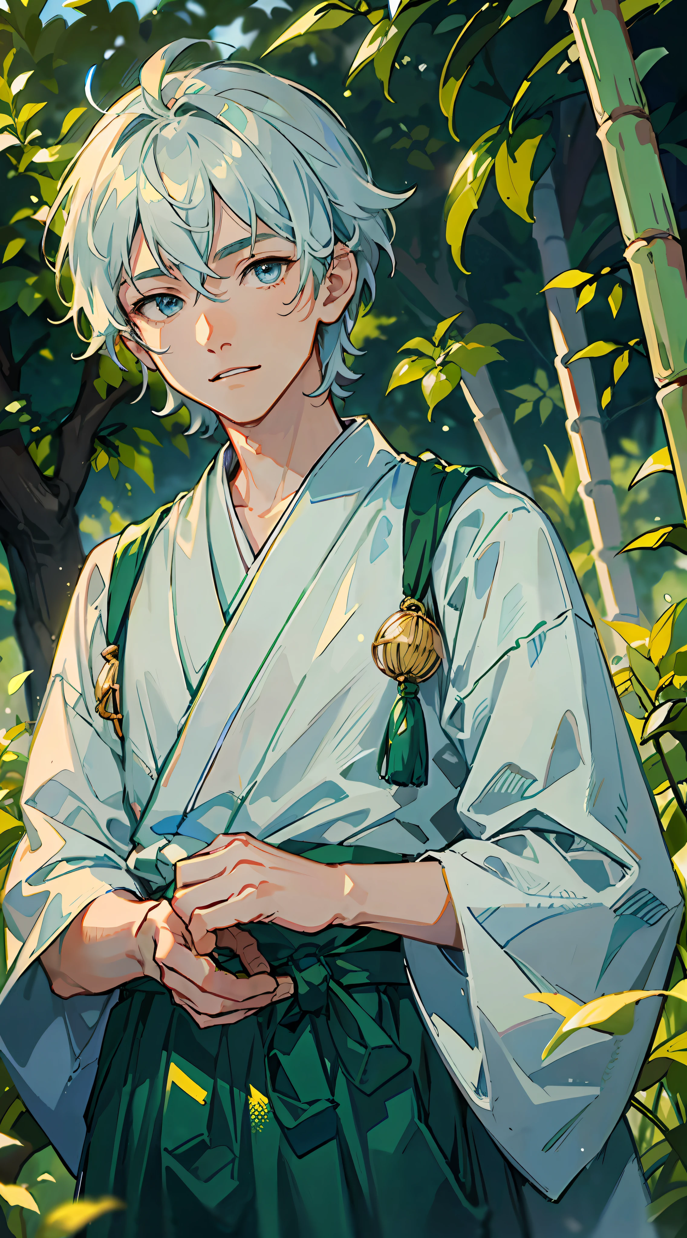 ((Masterpiece: 1.4, best quality)), one boy, green and short hair and eyes, (White and light blue Hakama: 1.3), the background is a temple in Kyoto.