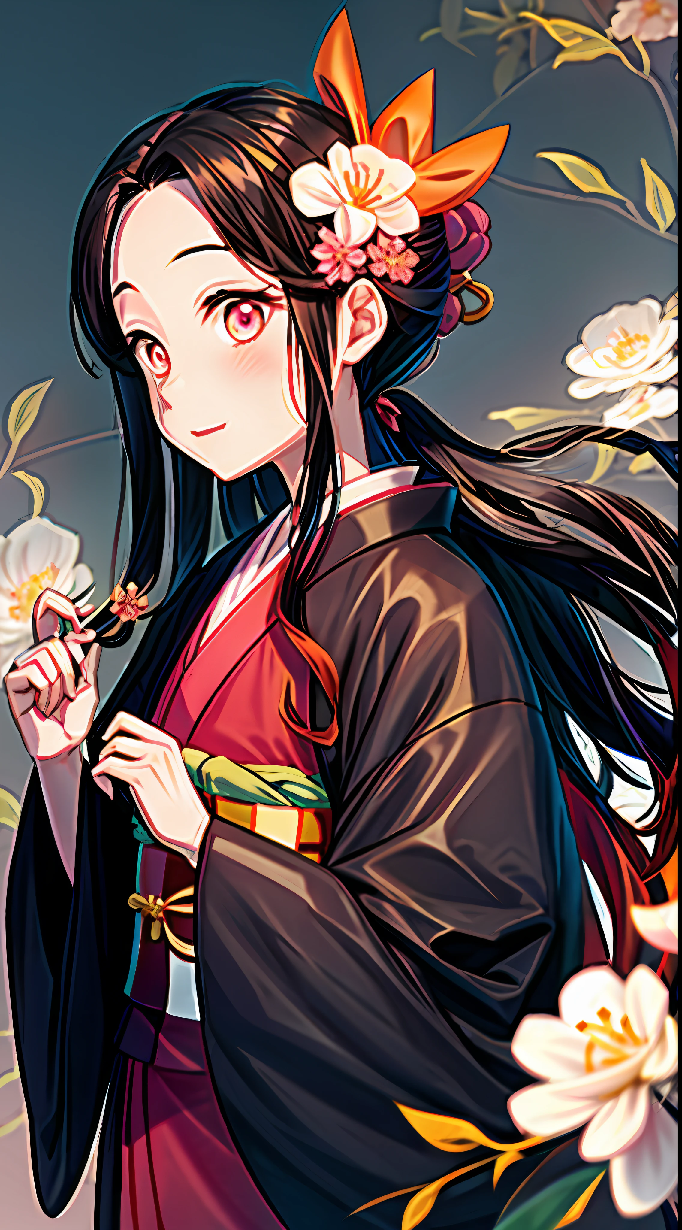 Tsuko Kamato, 1girl, bamboo, bit gag, brown hair with orange gradient, hair ribbon, haori, japanese clothes, kimono, long hair, looking at the audience, pink eyes, pink kimono with white flowers, pink ribbon, ribbon, solo, upper body, anime style
