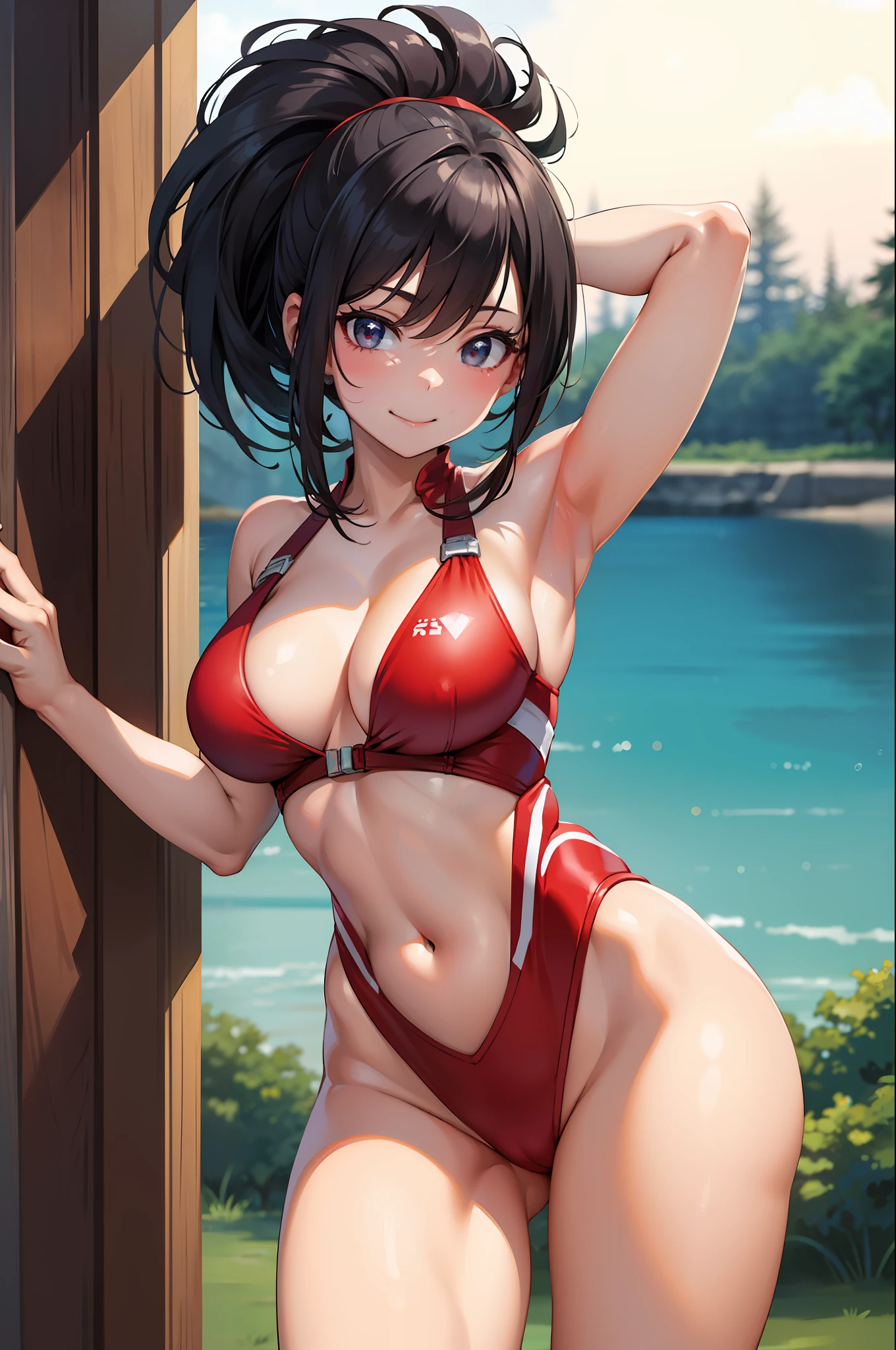 (masterpiece, best quality:1.2), cowboy shot, solo, 1girl, yaorozu momo, smile, closed mouth, look at the viewer, hands behind the head, squats, legs spread, red swimsuit