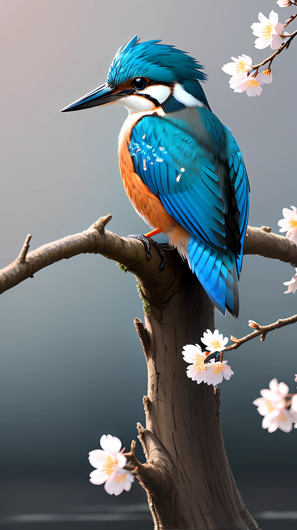 Superb Kingfisher Near White Cherry Blossoms on Branches, Dark, Dawn, (Cold Morning: 1.1), (Morning Dew: 1.15), Realistic Photography, (Low Photo: 1.2), Detail, 8K, Intricate Folded Feathers, Water Droplets on Feathers, (to8contrast style), (MIST: 0.7), Bright Colors, Sony a6600 Mirrorless Camera, embellish2 --v 6