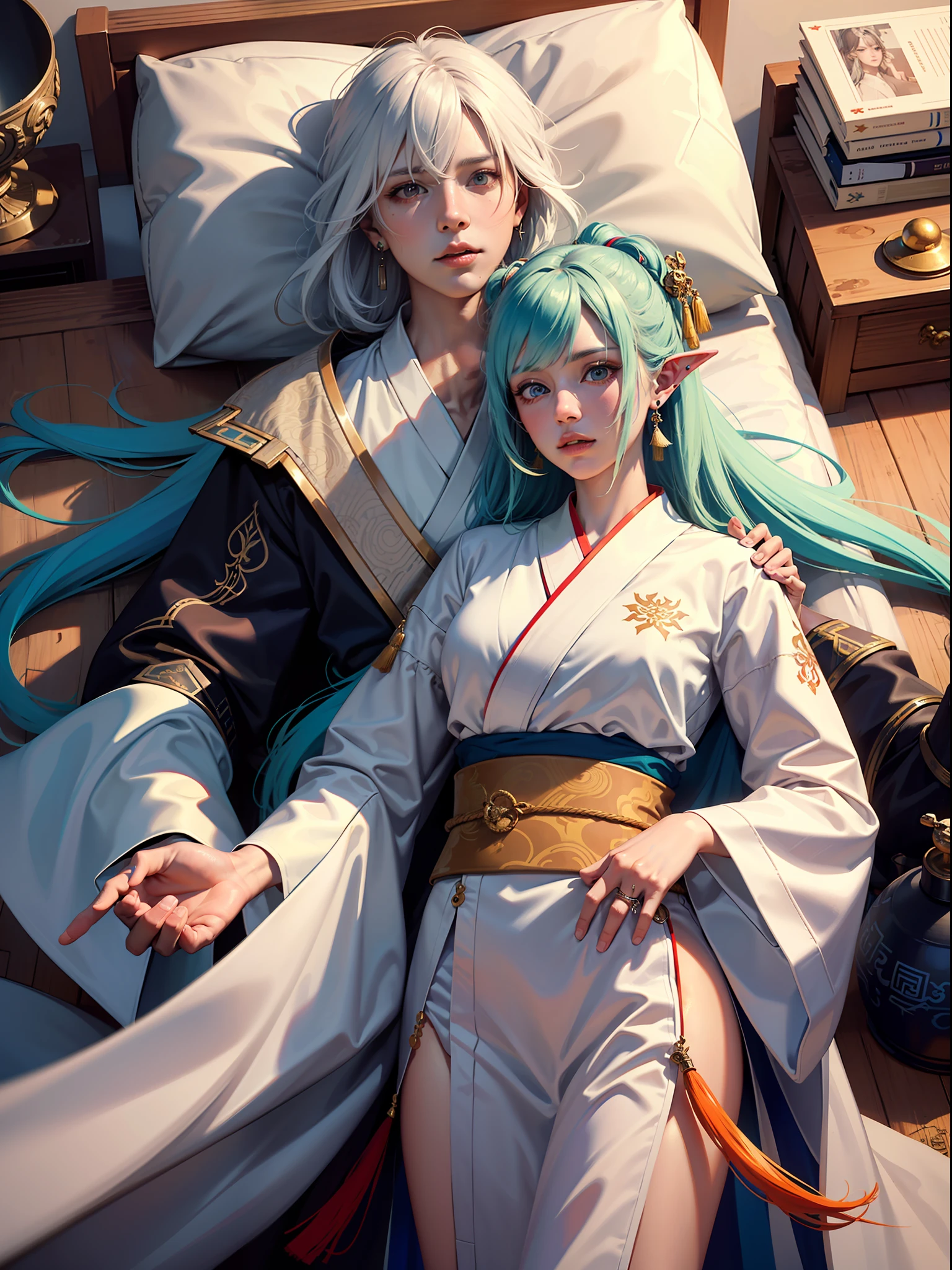 Concept Art, "1 Couple, Male Focus, Fin Ears, Multicolored Hair, Handsome Boy, Long White Hair, Tassels, Bangs, Carp, Colorful, Bold Colors, White Kimono, (Open) Kimono, Traditional Chinese Clothing, Close-up, Intimate Interaction in Bed, Stud Earrings, Rings, Sweat, Illuminate People", Colorful, Master Composition, Focus on Key Figures, Realism, Masterpiece, Award-Standing, Best Quality, Masterpiece, Ultra Detailed, 8K, Extremely Detailed CG Unity 8k wallpaper, complex, highly detailedrealistic