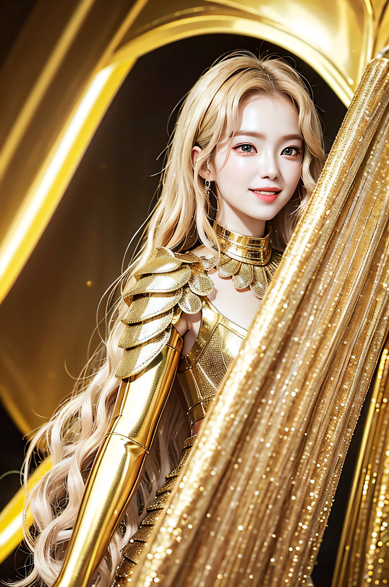 Golden diamond armor, long golden hair, golden pupils, golden light background, golden transparent wings, holding golden diamonds in hand, diamond texture, smiling, golden eyes, flashing notes around, girl, golden starlight, dazzling