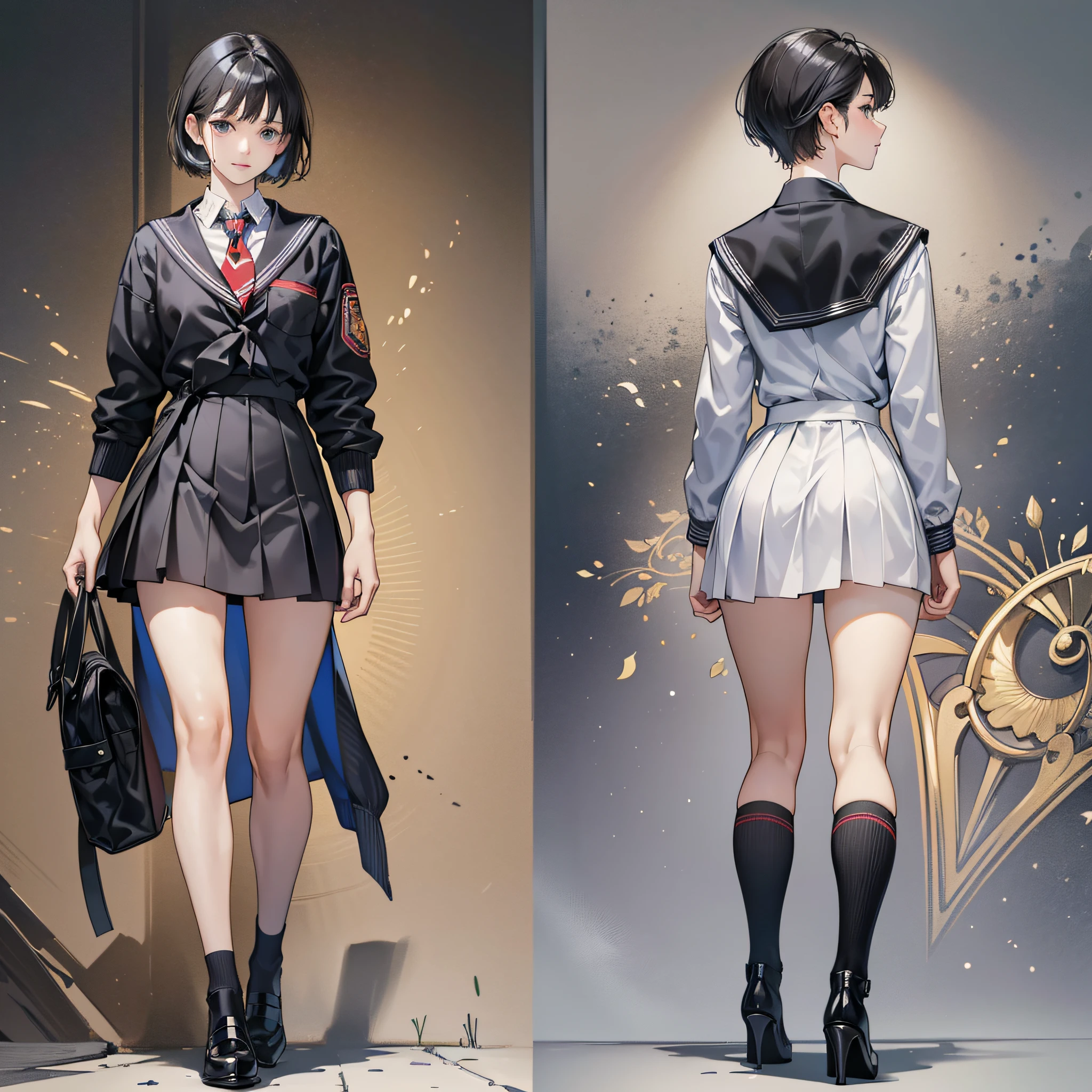 (Same character, front, side, back), (full body),, generate front view, side view, rear view three views, no frame, HD, full body, simple background! ,masterpiece:1.3), (8k, photorealistic, RAW photo, best quality: 1.4), (1girl), beautiful face, (realistic face), (black hair, short hair:1.3), nice hairstyle, realistic eyes, beautiful detailed eyes, (realistic skin), beautiful skin, (sweater), Ridiculous, attractive, super high resolution, super realistic, very detailed, golden ratio, drawing of a girl in school uniform and tie, anime full body, Yandere. Full body portrait of tall figure, wearing skirt, wearing skirt, single word full body, full body picture, JK uniform, full body illustration, full body painting, wearing skirt and high socks, wearing high heels, wearing high heels, shorts! , full body character drawing, full body !!, style anime , front standing, side walking, walking, walking, front drawing, side view, back drawing, side walking, side walking, side walking. No background, no background, smiling faces, crying faces, surprised expressions --auto --s2