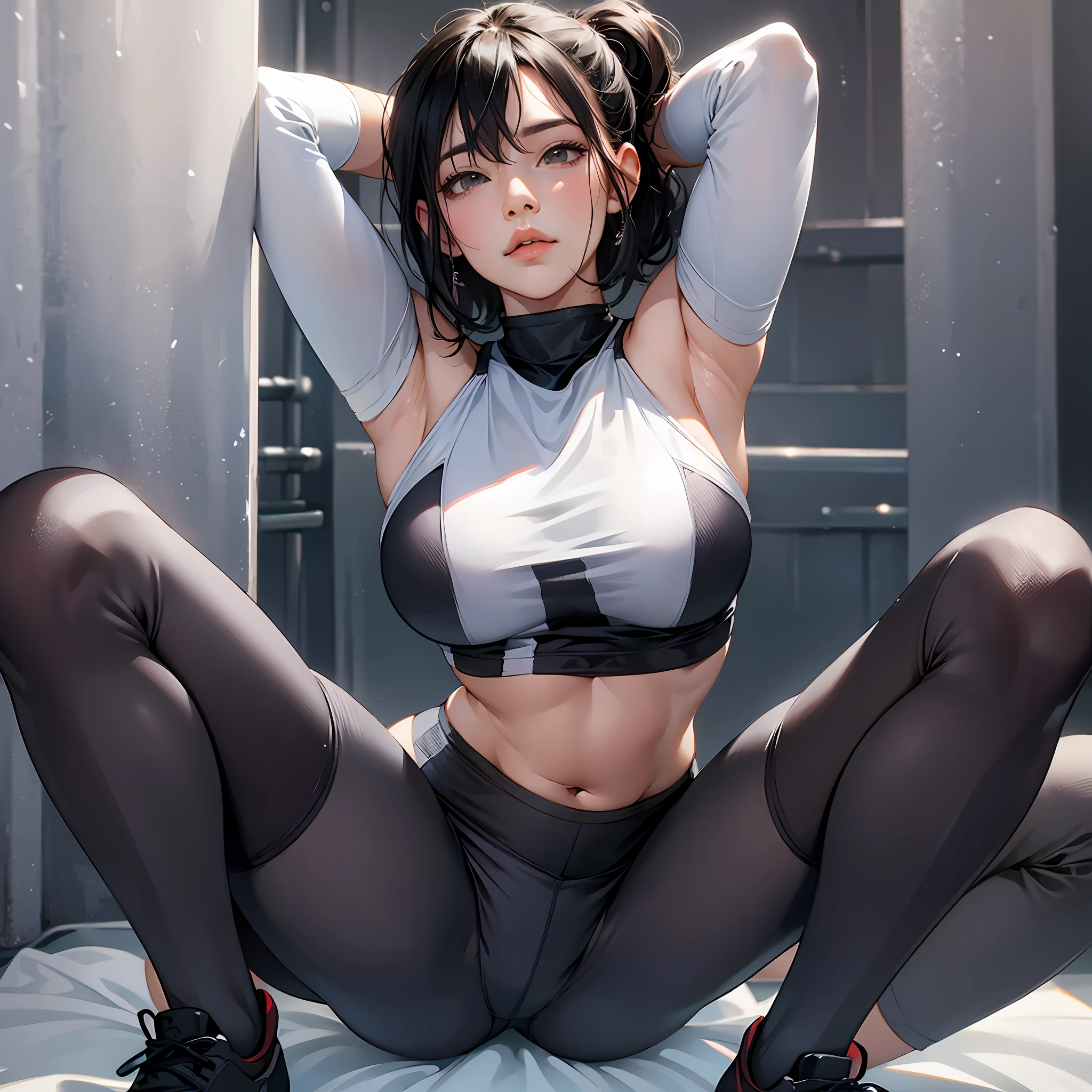 Futanari in tight exercise clothing with volume in legging pants and large breasts in sports bra --auto --s2
