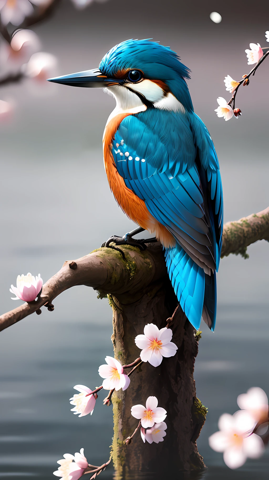 Superb Kingfisher Near White Cherry Blossoms on Branches, Dark, Dawn, (Cold Morning: 1.1), (Morning Dew: 1.15), Realistic Photography, (Low Photo: 1.2), Detail, 8K, Intricate Folded Feathers, Water Droplets on Feathers, (to8contrast style), (MIST: 0.7), Bright Colors, Sony a6600 Mirrorless Camera, embellish2 --v 6