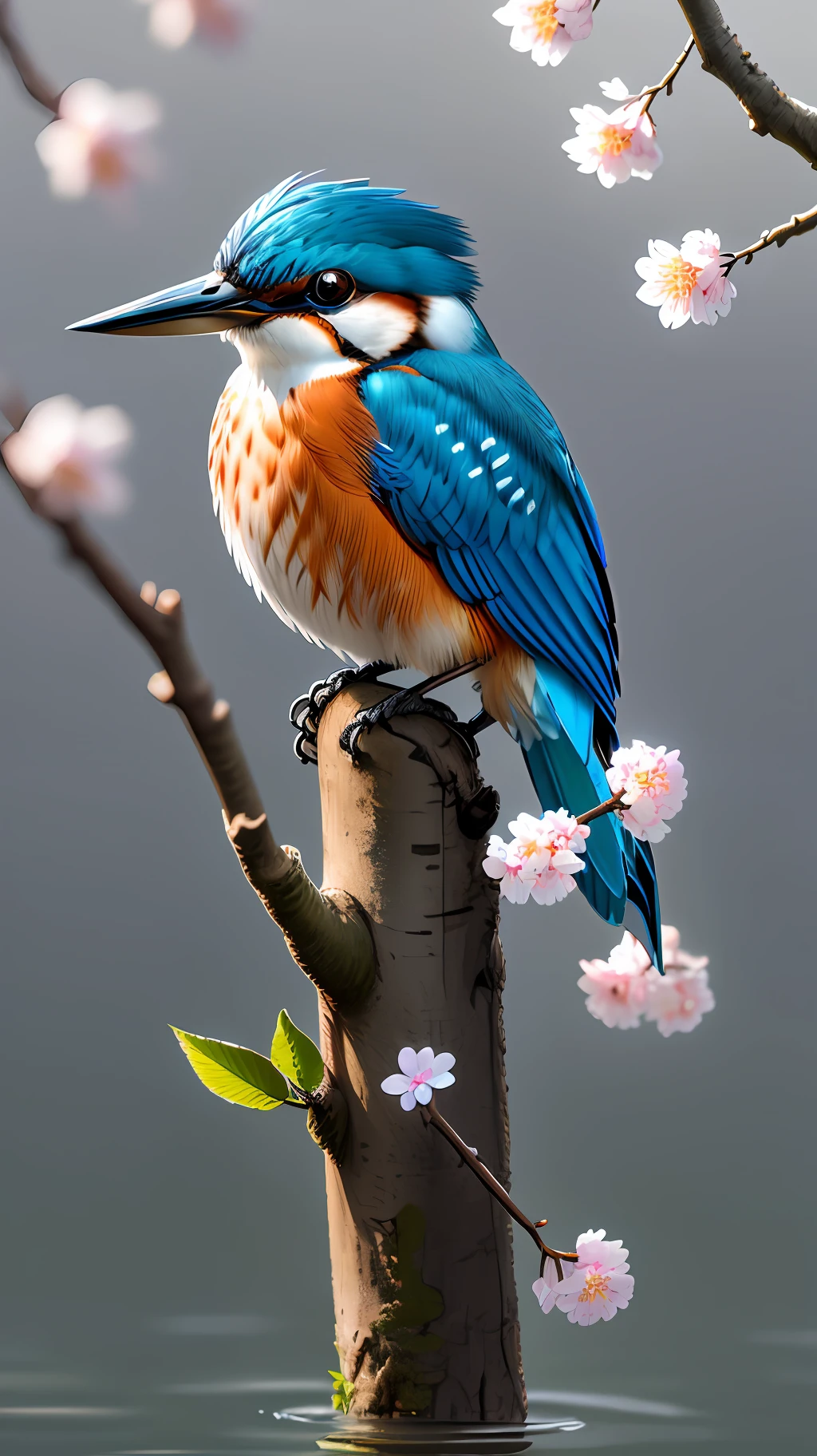 Superb Kingfisher Near White Cherry Blossoms on Branches, Dark, Dawn, (Cold Morning: 1.1), (Morning Dew: 1.15), Realistic Photography, (Low Photo: 1.2), Detail, 8K, Intricate Folded Feathers, Water Droplets on Feathers, (to8contrast style), (MIST: 0.7), Bright Colors, Sony a6600 Mirrorless Camera, embellish2 --v 6