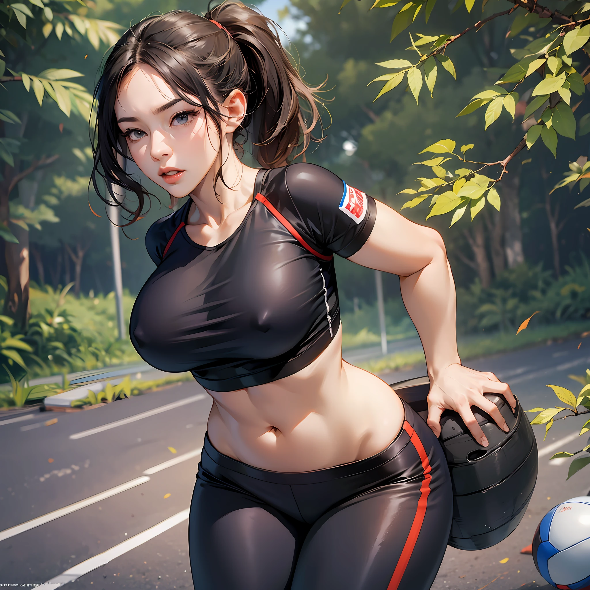 Futanari in tight exercise clothing with volume in legging pants and large breasts in sports bra --auto --s2
