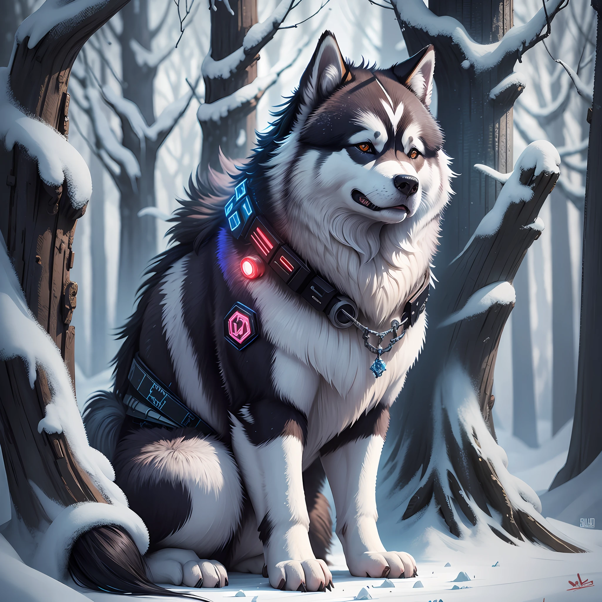 Malamute waiting in a frozen forest. cyberpunk style --auto --s2