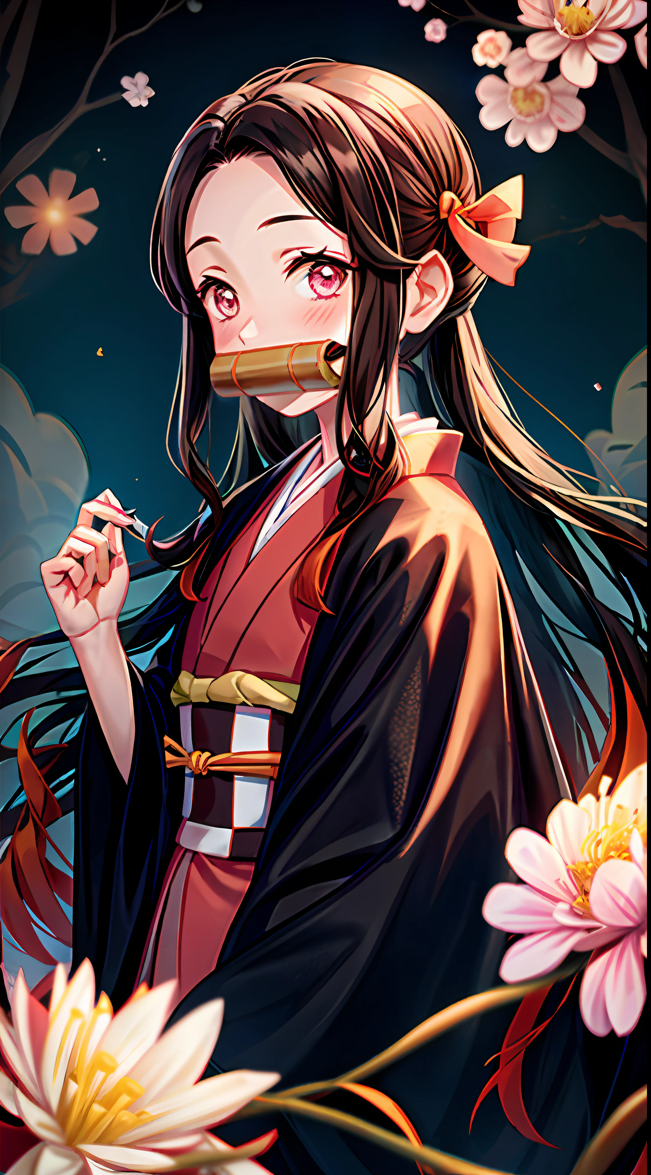 Tsuko Kamato, 1girl, bamboo, bit gag, brown hair with orange gradient, hair ribbon, haori, japanese clothes, kimono, long hair, looking at the audience, pink eyes, pink kimono with white flowers, pink ribbon, ribbon, solo, upper body, anime style