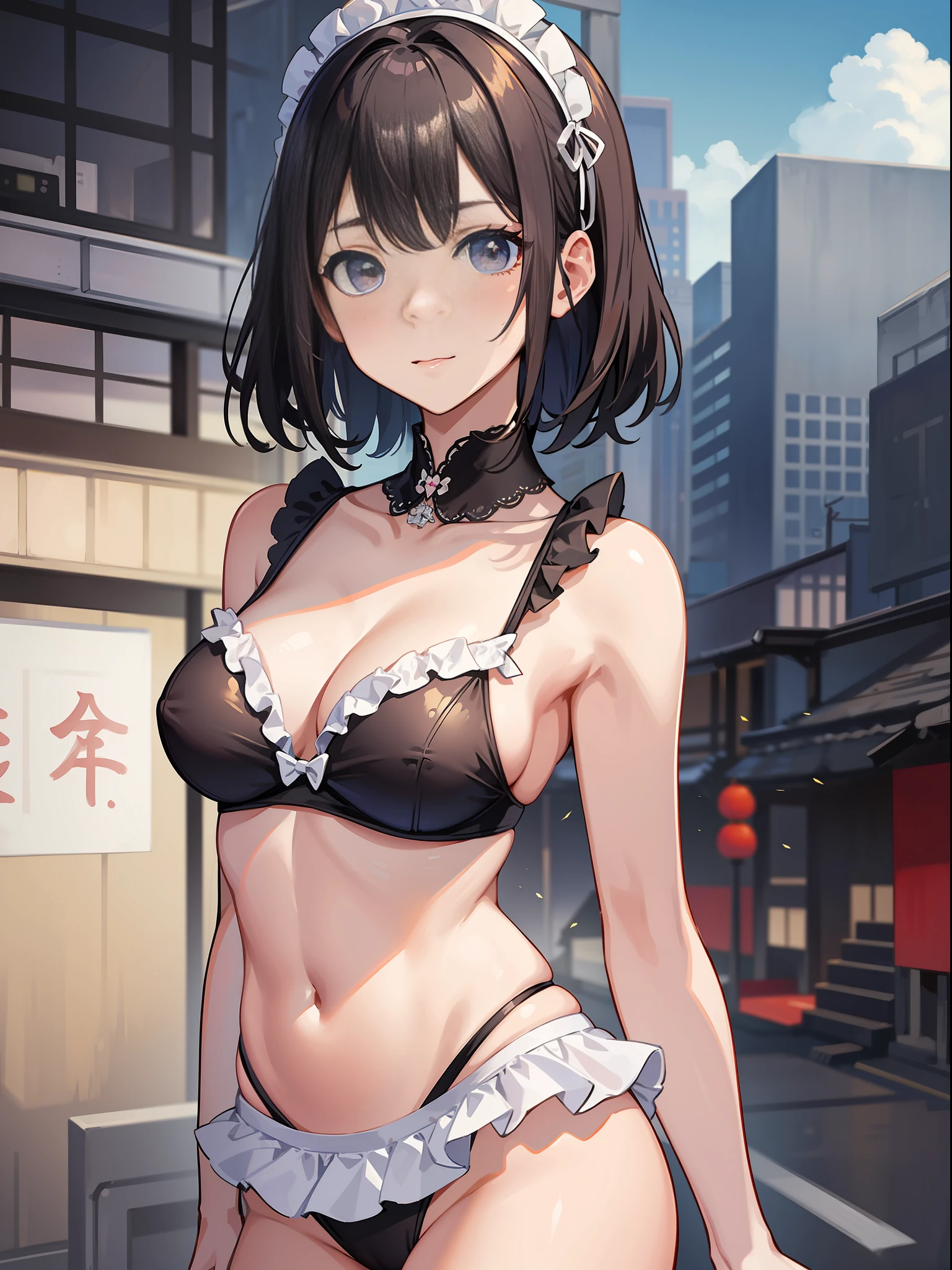 {Japan slender beauties}, maid, swimsuit, high resolution, top quality, super detail, wedges, fine details, no blush, fashionable cityscape