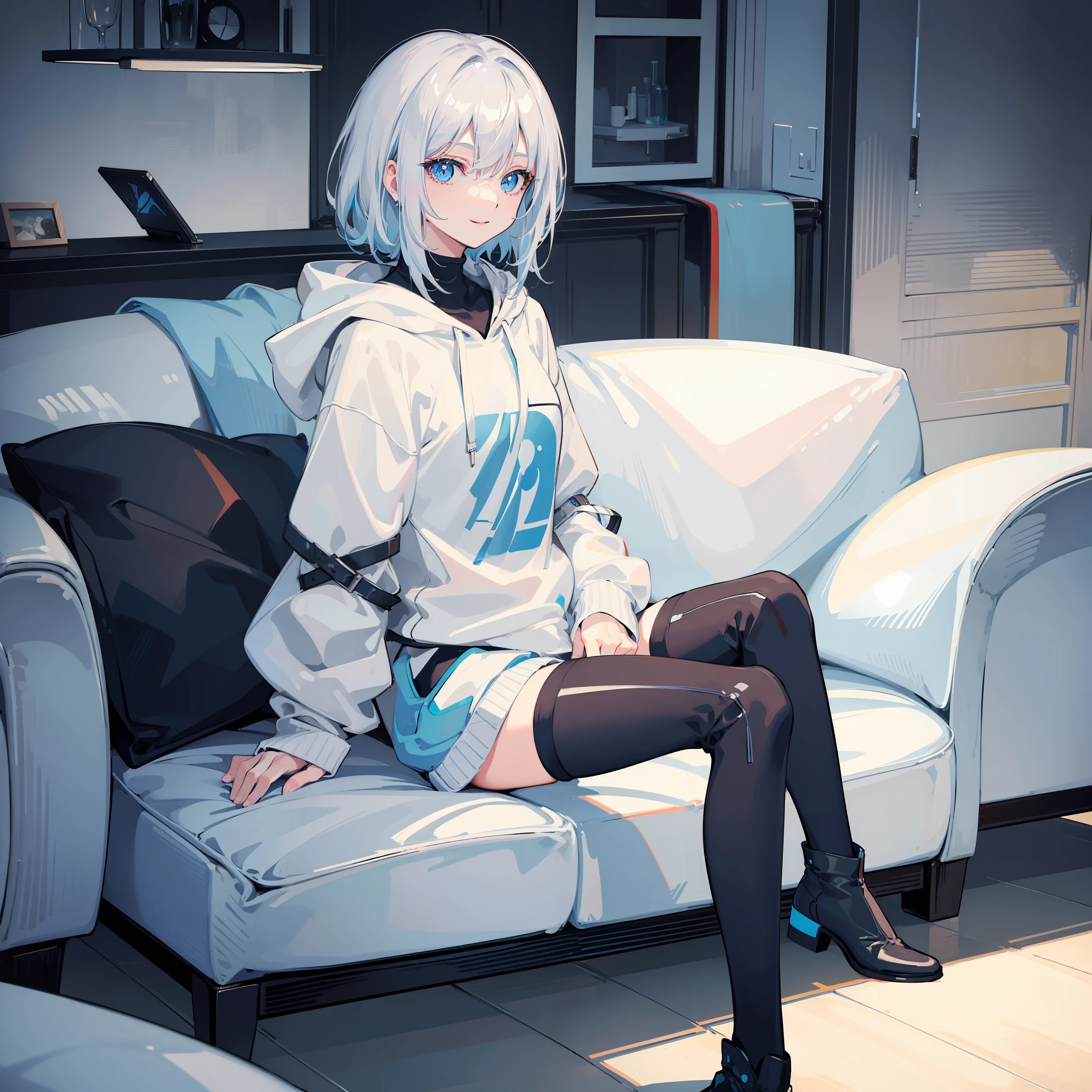 ((masterpiece, top quality)), white hair, medium hair, 1 woman, solo, light blue eyes, up, 1 person, smile, hoodie with light blue accents on a white base, black shorts, black tights, black boots, indoor, sitting on black sofa