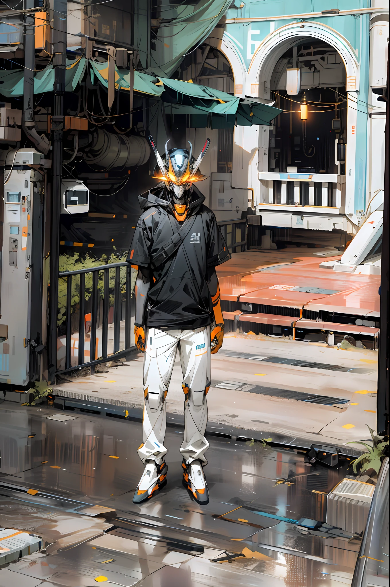 On the moon, a full-body orange mech glowing with a long sword, no humans, accompanied by robots, the robot's eyes are also flashing and glowing, surrounded by a science fiction city standing under neon lights, at this moment he seems to appear in a real and illusory world, the background of the galaxy is embellished with poetic neon lights, creating a cyberpunk-like sense of the future.