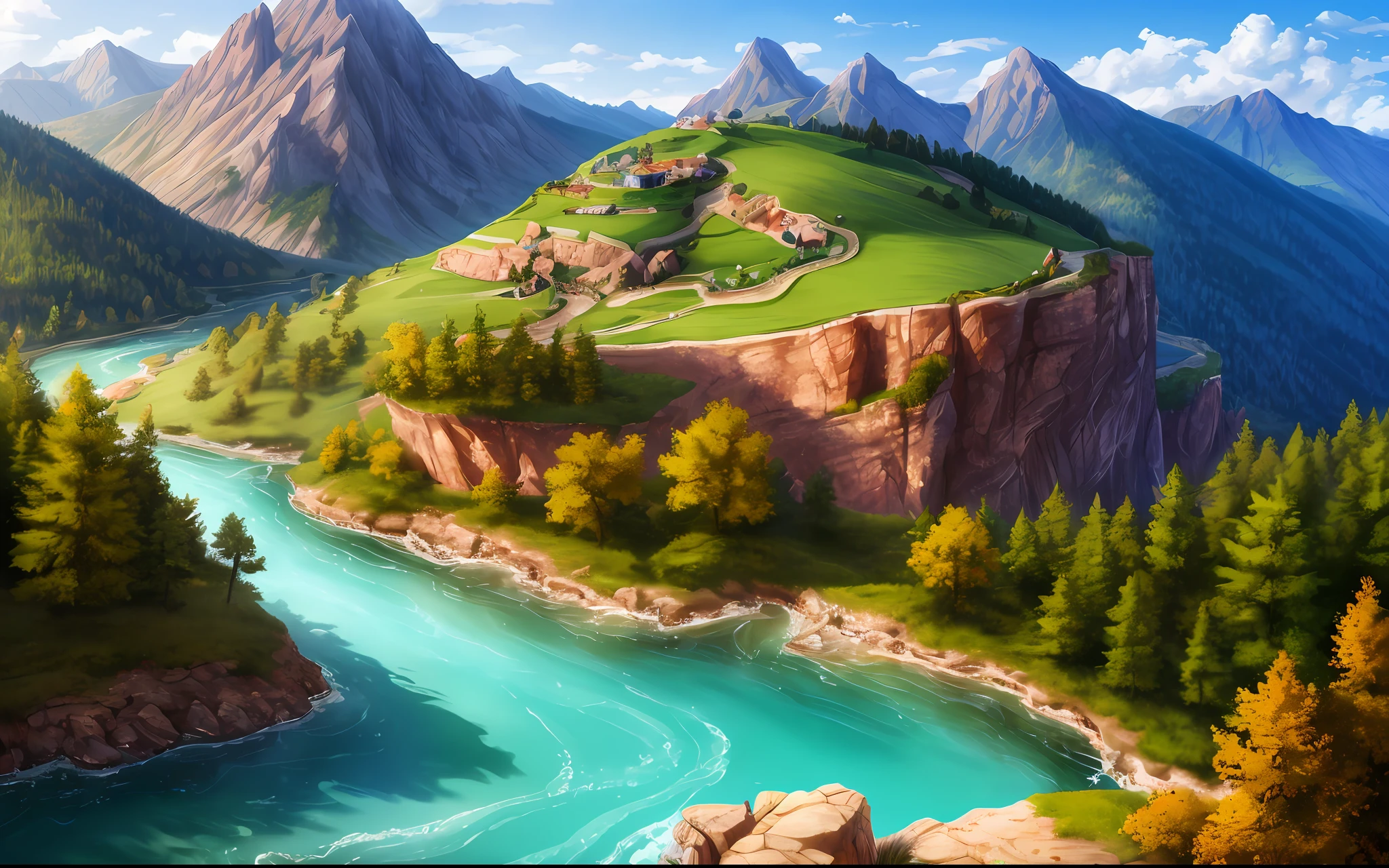 3 ugly wolves, 7 cute lambs, Stay on a beautiful little hillside, A clear river flows down the mountain, Background screen of stage play, Sony FE, Sony FE GM, close-up, cowboy shot, blurry foreground, best quality, super detail, 8k, highres, UHD, masterpiece, high details, award winning