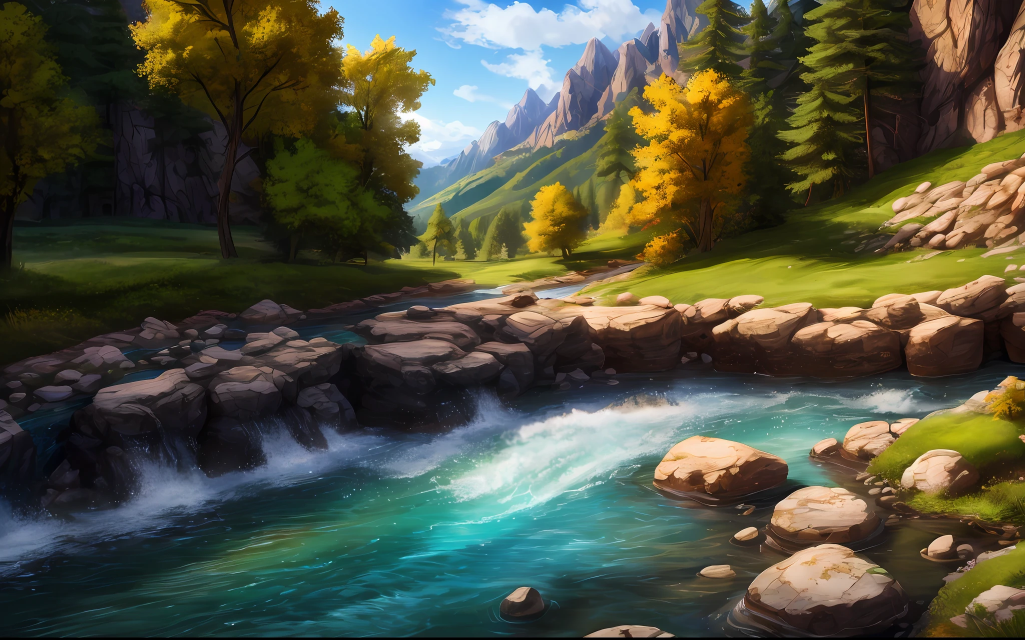 3 ugly wolves, 7 cute lambs, Stay on a beautiful little hillside, A clear river flows down the mountain, Background screen of stage play, Sony FE, Sony FE GM, close-up, cowboy shot, blurry foreground, best quality, super detail, 8k, highres, UHD, masterpiece, high details, award winning