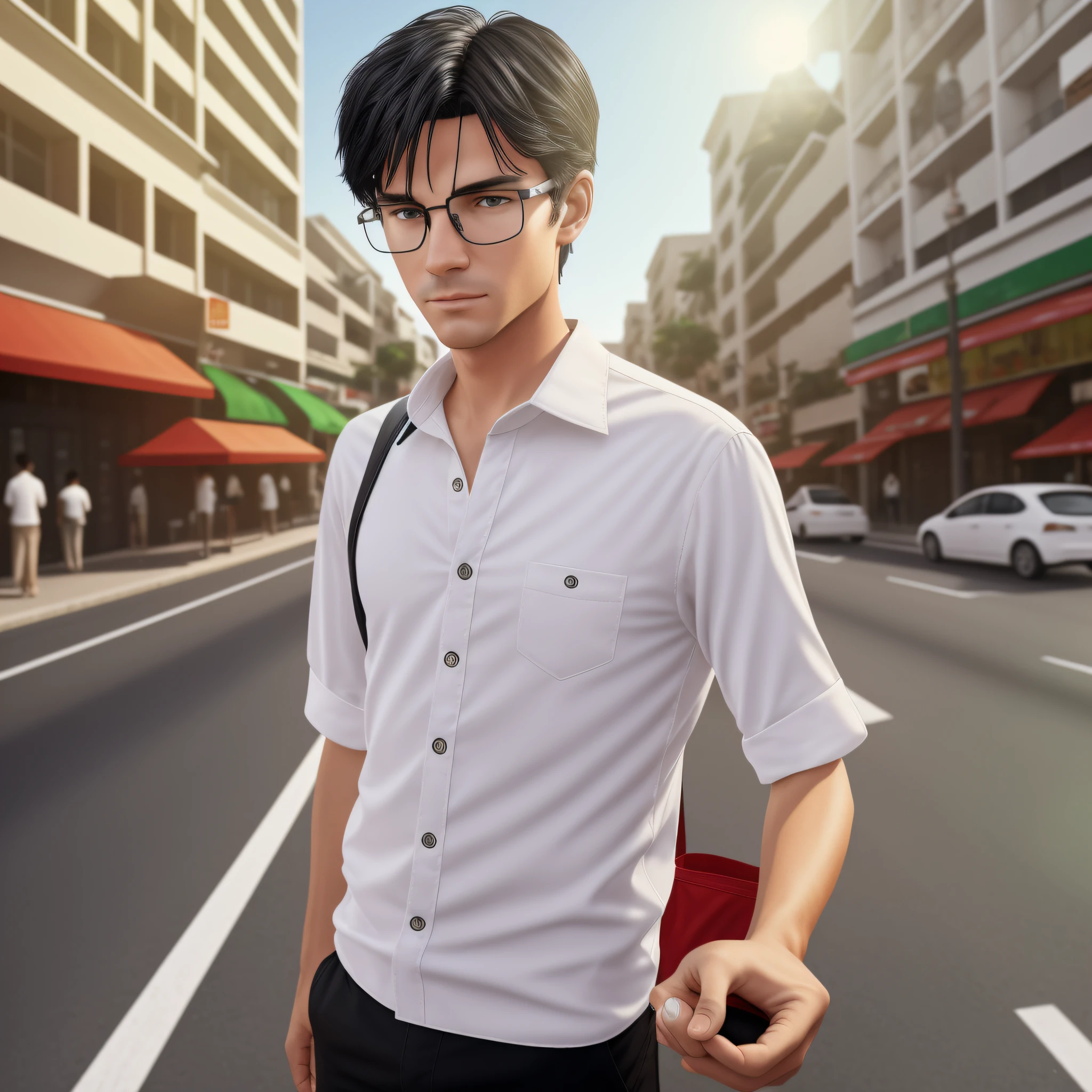 Realistic image of white boy, with transparent glasses on the bottom, thin and wavy black hair wearing a bag with money selling paçoca at the traffic light. --auto --s2