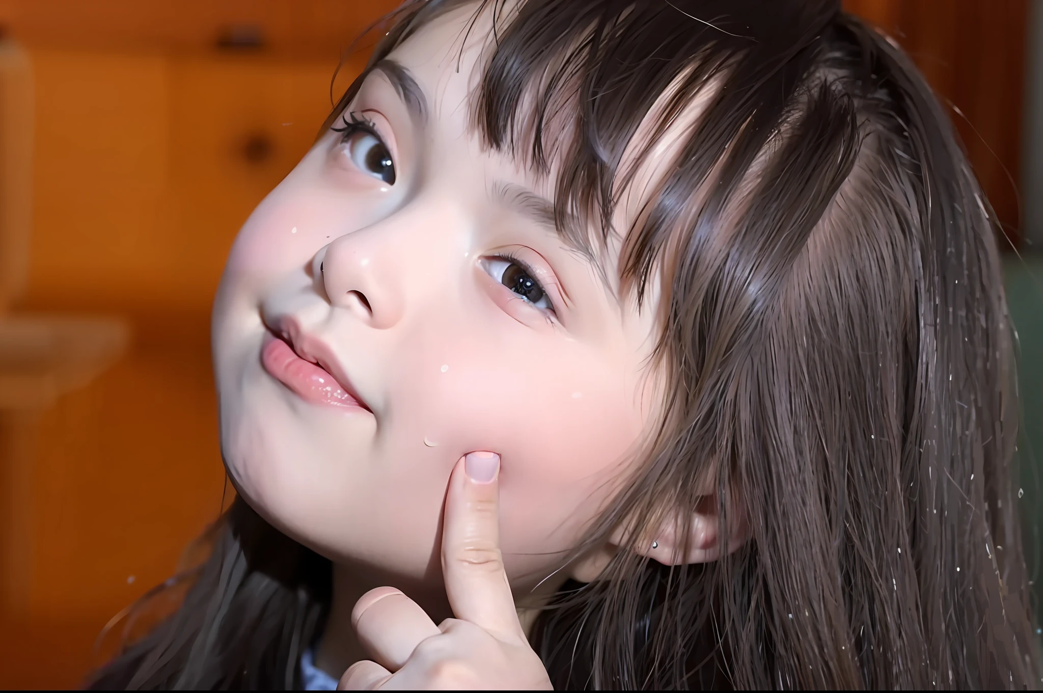 there is a little girl that is holding her finger to her lips, hand on cheek, cleft chin, a plaster on her cheek, beauty mark on cheek, beautiful little girl, with cute doting eyes, beautiful face!!!!, cute young girl, markings on her face, beautiful facial features, cute little girl, with cute - fine - face, becautiful face