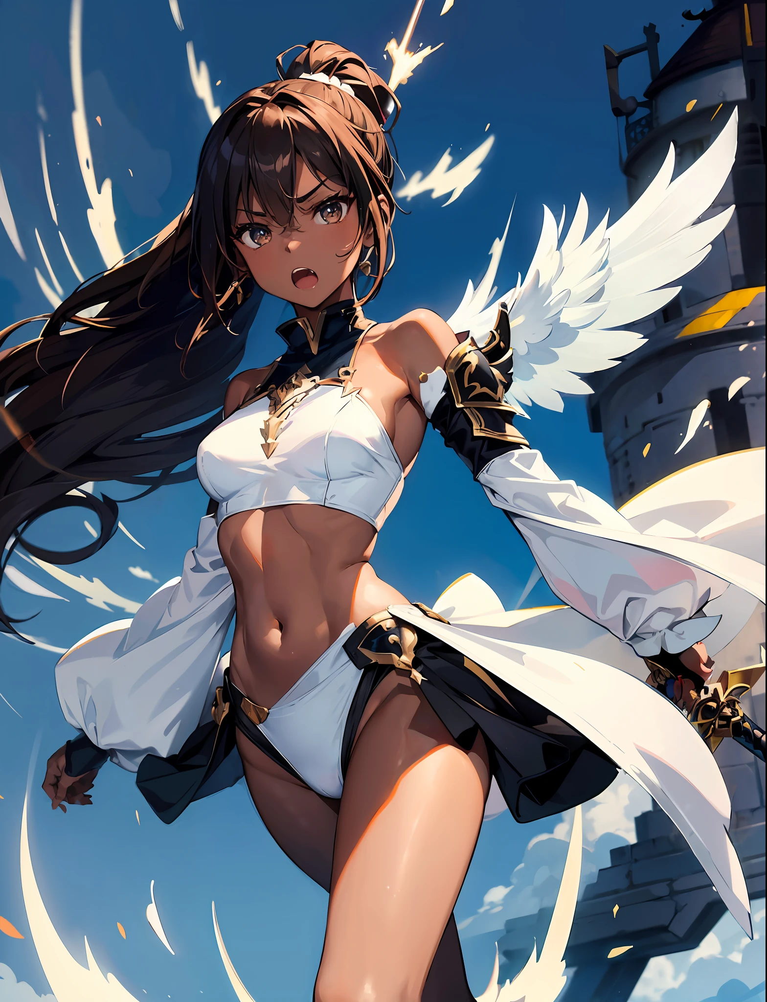 fantasy, 1angel_girl, brown_hair, ponytail_hair, (dark_skin)+, stout, bare_shoulder, navel, thigh,silver_shiny_armor, white_clothes,waist_armor, grebe, hold_swords, big_, angry, dynamic_fighting_pose, floating, (1pair_white_wings), sunrise_city_background,(pelvic_curtain)++, open_mouth, headgear, large_ass,public_indecency,