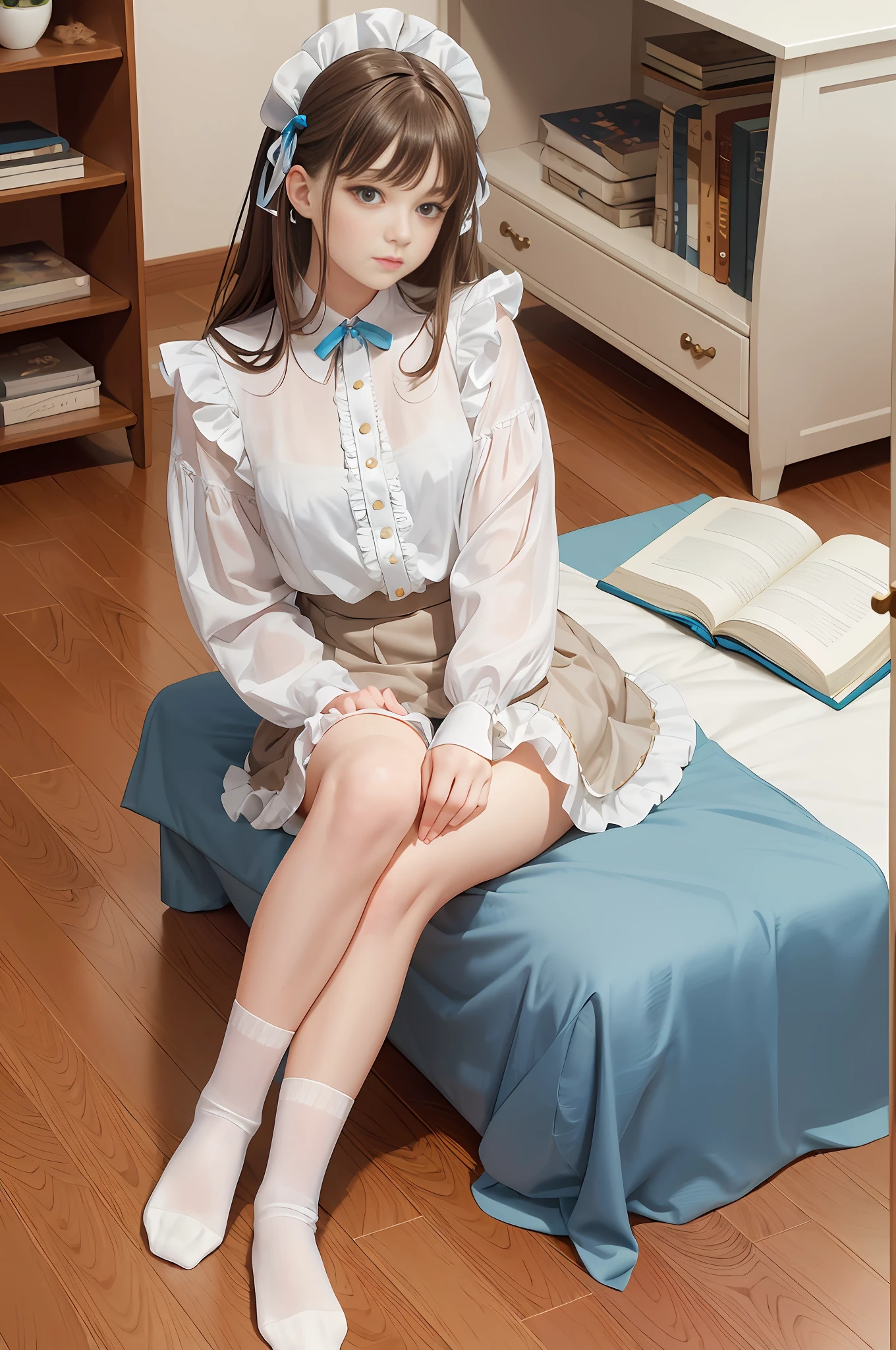 Photorealistic, pale light, 22 year old beautiful woman, white ruffled blouse, blue ruffled skirt, brown hair with ribbon, ruffled ankle socks, sitting with straight legs on the bed, soles of socks, library background