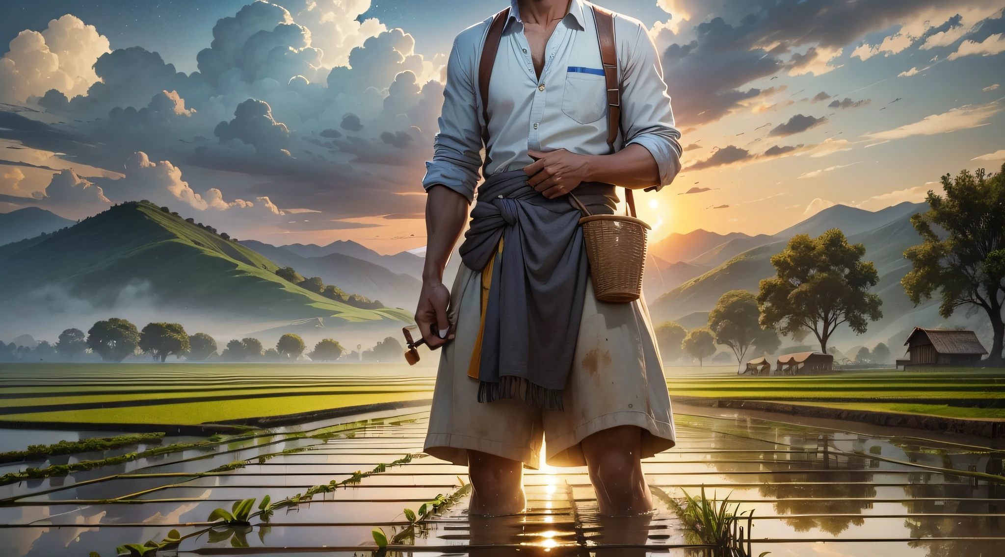 One morning, the breeze blew and the ears of rice in the rice fields shone golden yellow in the sun. A farmer works in a rice field with his head down, hoe in his hand, and he keeps ploughing the land. His sweat dripped on the ground and merged with the earth. On the side, several small sparrows sing happily, this beautiful sight makes people feel that life is full of vitality.

At noon, the farmer finished his lunch in the rice field, rested for a while, and then continued to work. The sun was shining and the temperature was getting hotter and he felt a little tired, but he knew he couldn't stop because the crops in the rice fields needed his care.

Before he knew it, the sun had set on the mountain, and the farmer had finally completed his task for the day. He put the hoe aside and looked at the fruits of his hard work, feeling a sense of pride and satisfaction. The ears of rice in the rice field rose high and glowed with golden yellow, making him feel the beauty and richness of life.

The farmer came out of the rice field, his body covered in dirt and sweat. He walked to the stream by the rice field and put his foot in the water. The cool water made him feel comfortable, and he relaxed his body and enjoyed this peaceful moment.

By the time he returned home, the sun had already set. He washed off the dirt and sweat from his body and changed into clean clothes. At dinner, he enjoyed the fruits of his labor with his family, feeling satisfied and happy.

On this clear night, farmers sit by the rice fields, look at the starry sky, and feel the tranquility of the night. He thinks about his life and his future, and he feels that his life is full of vitality and vitality. He knows that only through labor can he restore and grow his life and have a bright future.