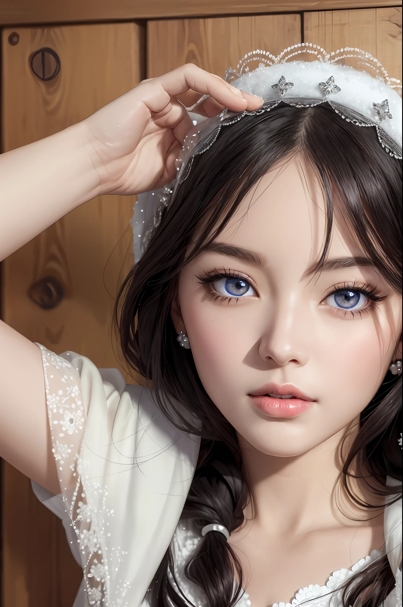 Absurd, ultra-detailed, high quality, detailed face, beautiful eyes(eyes detailed), snow white with apple lip, snow white princess, black hair