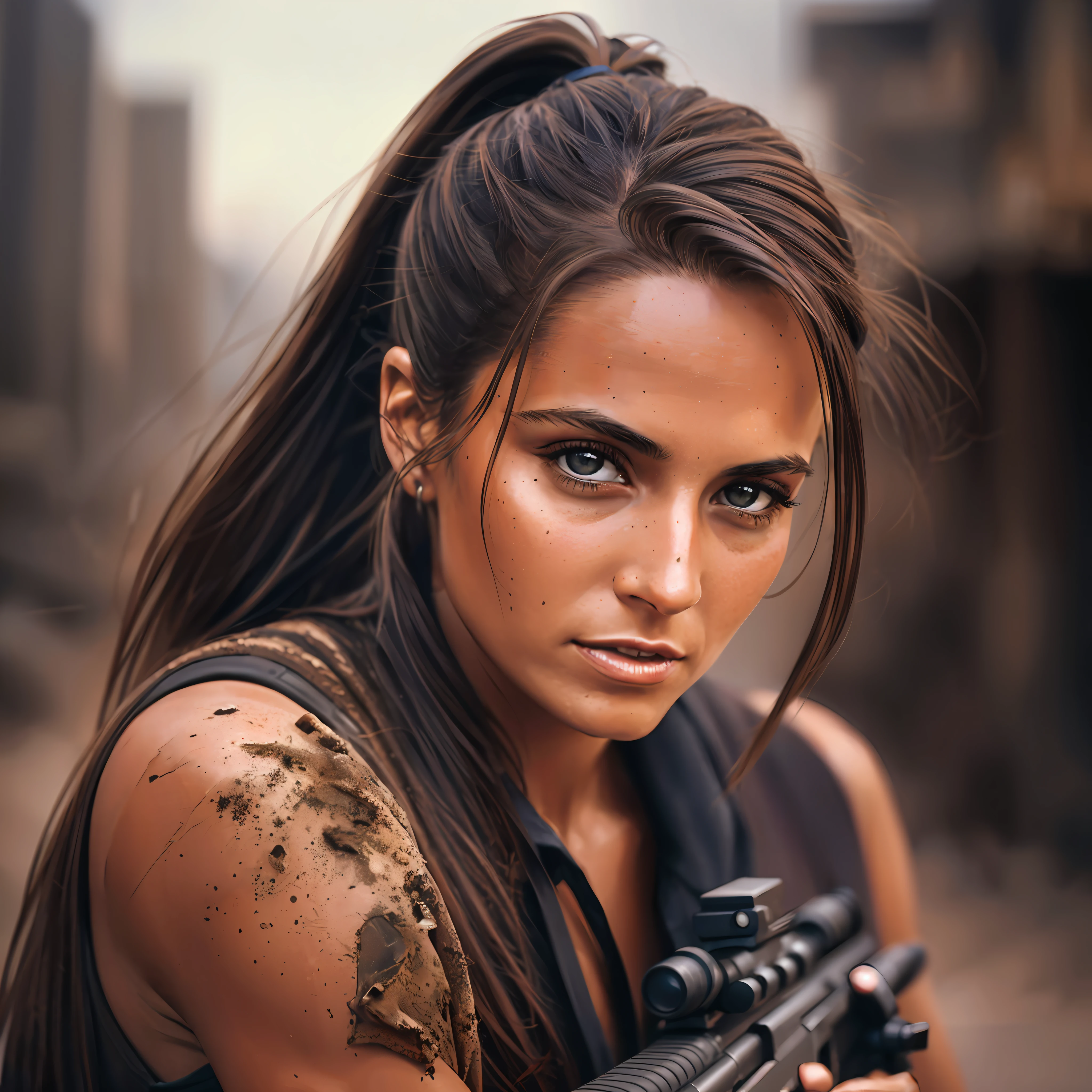 30 years old brunette woman with ponytail hair, holding a sniper rifle, shot by her side in a nuclear apocalypic backgroundm dirty and messy, hyper detailed,, by lee jeffries, nikon d850, film stock photograph ,4 kodak portra 400 ,camera f1.6 lens ,rich colors ,hyper realistic ,lifelike texture, dramatic lighting , cinestill 800, --auto --s2