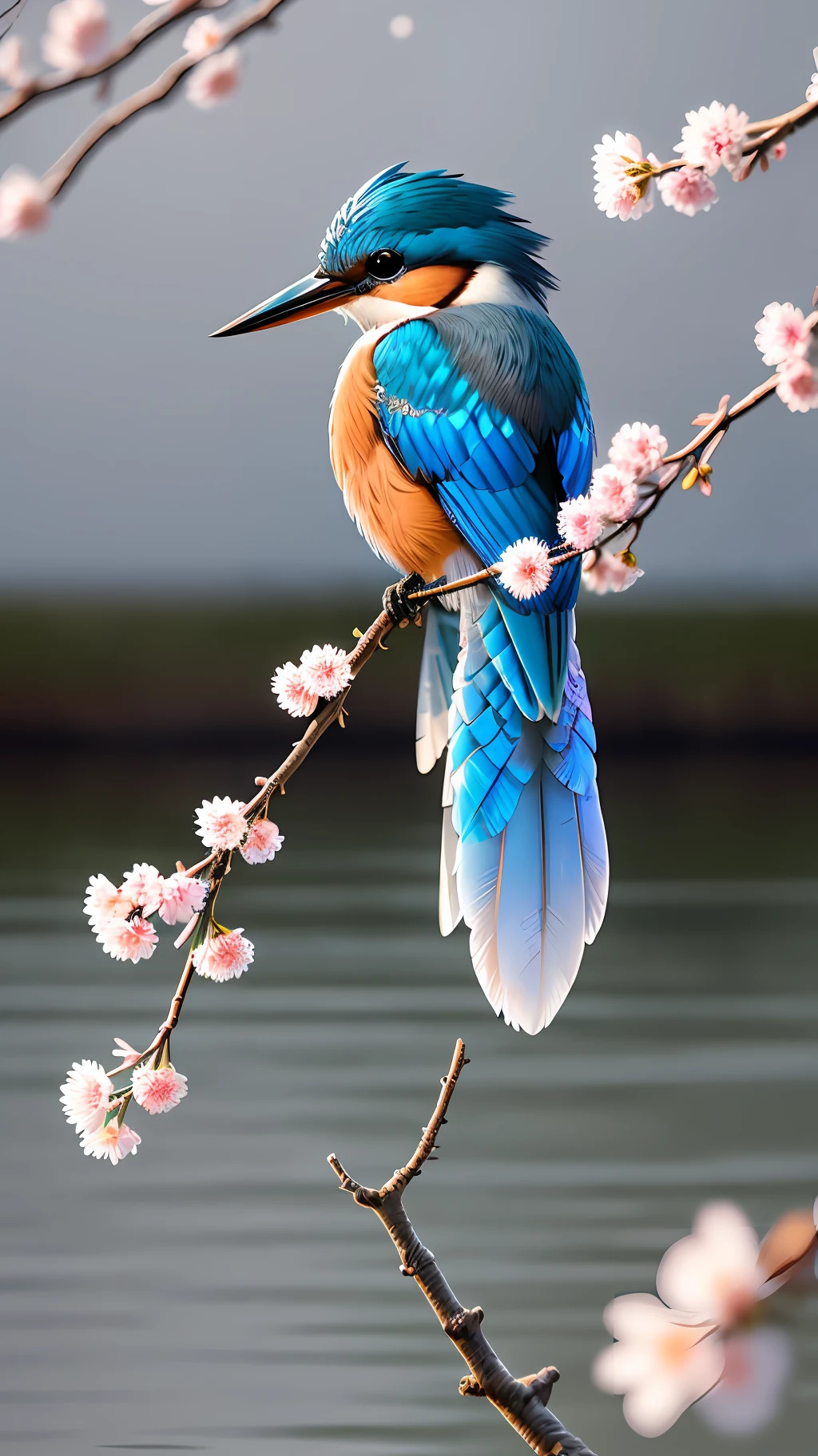 Superb Kingfisher Near White Cherry Blossoms on Branches, Dark, Dawn, (Cold Morning: 1.1), (Morning Dew: 1.15), Realistic Photography, (Low Photo: 1.2), Detail, 8K, Intricate Folded Feathers, Water Droplets on Feathers, (to8contrast style), (MIST: 0.7), Bright Colors, Sony a6600 Mirrorless Camera, embellish2 --v 6