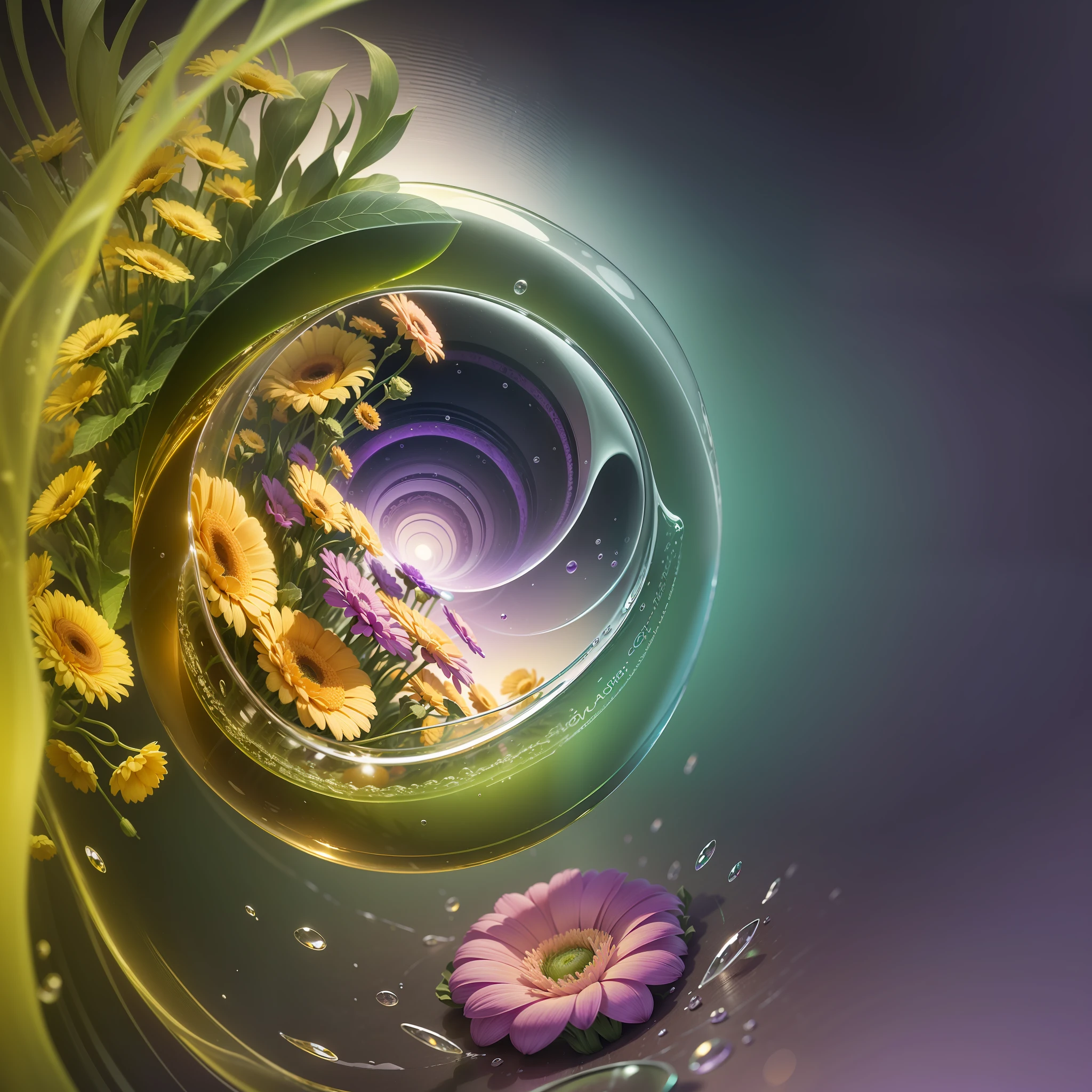 Computer Visualized Graphics, Realistic Fantasy, Extensive Landscape Ultrasound Photography (general view showing glass glass, roots braiding the glass, gerbera), blurred background, gloomy, yellow, green, purple background, pink, warm, magic