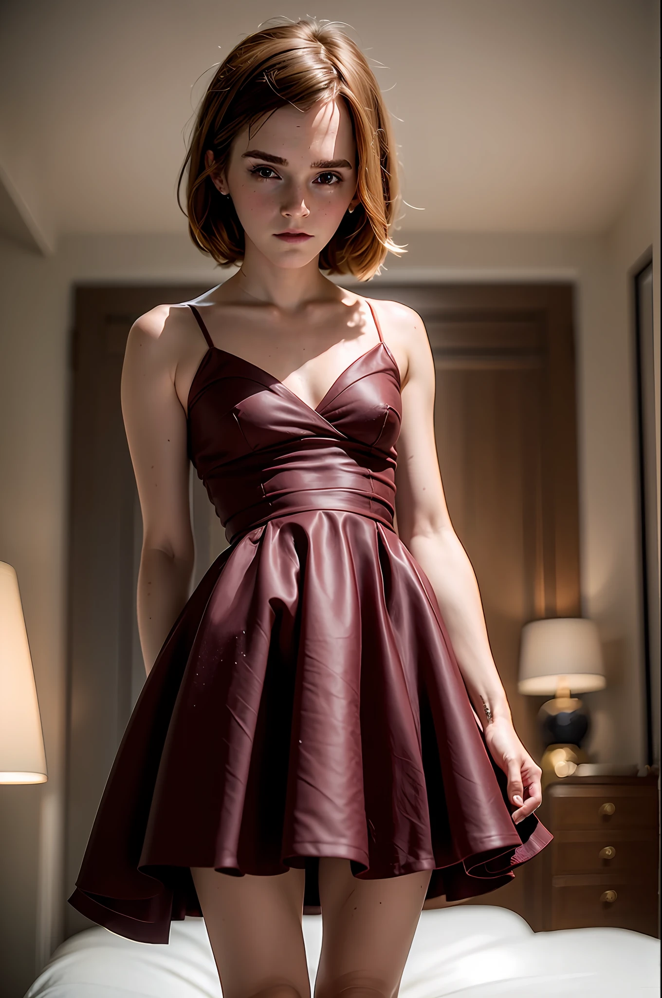 (((Emma Watson))), The tall slender woman is standing in her dark bedroom with her back to the camera, she is wearing a very short dark red dress, ((her little round butt is in focus)), small head, (photorealistic:1.2) (best quality) (intricate details) (8K) (High Poly) (ray tracing) (cinema lighting) (Sharp focus) (detailed face), whole body, realistic skin textures, soft face, beautiful natural skin,  beautiful face, (beautiful natural skin), suntanned skin, full body, head to toe, ((small butt))