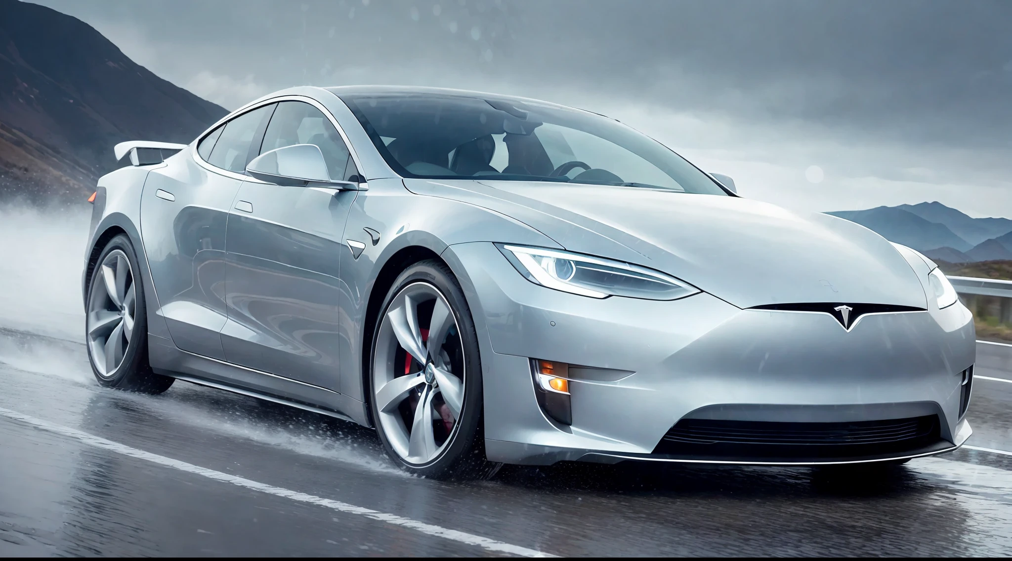 [Illustration] manga page, there are multiple pictures on one page: In the wind and rain, a sky blue Tesla driving on a mountain road, the road surface is slippery, the wheels are splashing water on the ground, low angle, showing the side of the car, GoPro, f/2.8, horizontal motion blur {Multi-angle continuous shooting} Clean background, further, futuristic, surreal, immersive, elegant, luxurious, sophisticated, octane rendering, edge light, long lens, immersive design, minimalism, white tones, many details---s 100-- v 5.1, right top side light, ambilight, motion picture P30, Paul Chadeisson style