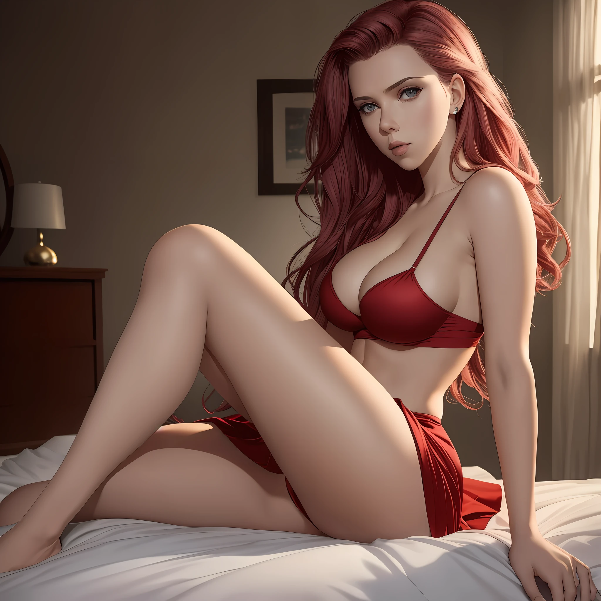 Scarlett Johansson, a beautiful woman with hair draped under her hair in bedroom, lying on bed in pajamas, sexy short skirt, big, tight skirt , (full body: 1.3), sexy body, (big: 1.3), (masterpiece) (perfect proportions) (realistic photos) (best quality) (detail) (8k) (HDR) (wallpaper) (cinematic lighting) (sharp focus) (complex) (flushed face) (no panties) ((stockings)) (sitting with bent knees and legs) --auto --s2