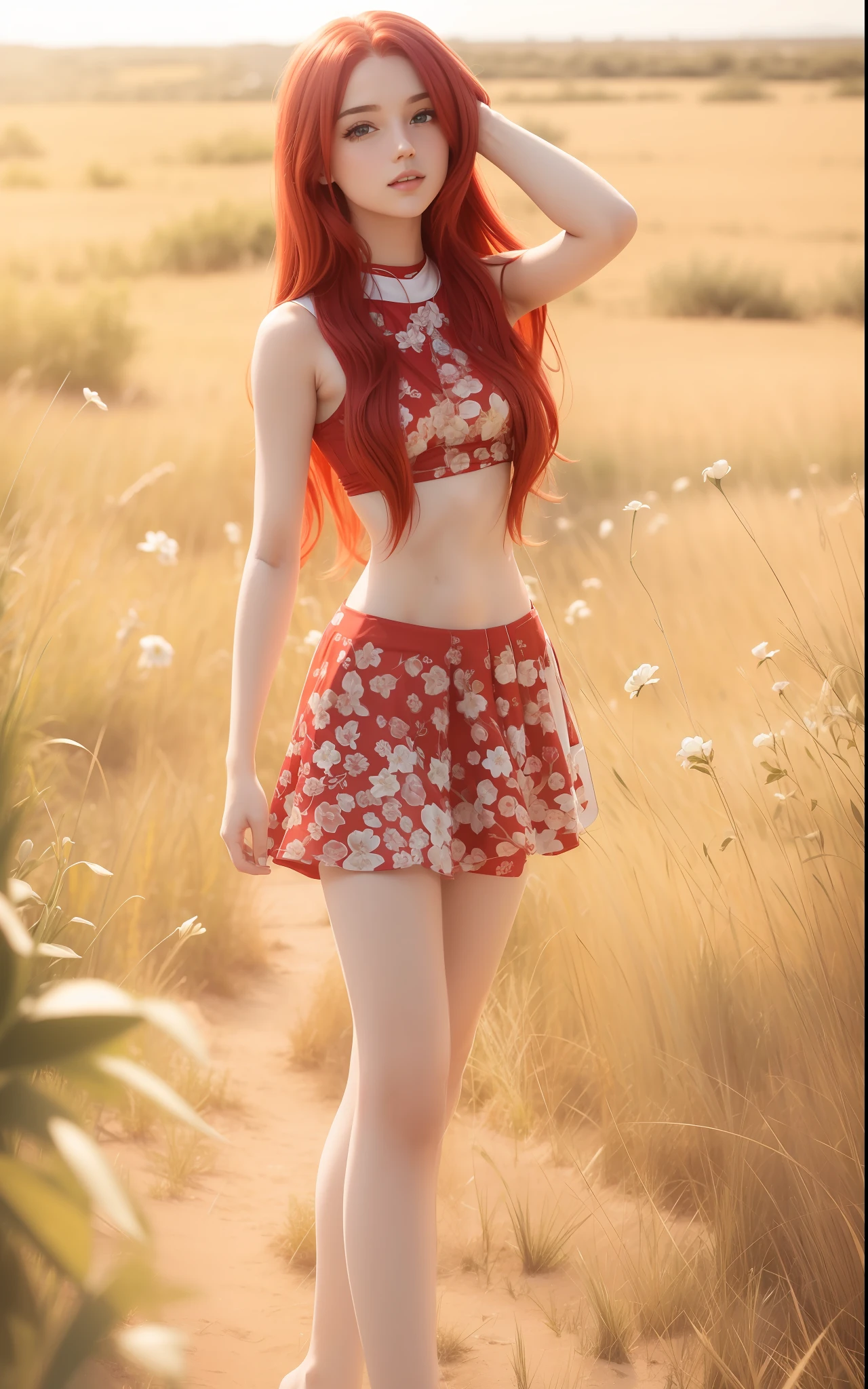 A beautiful girl, long red hair, white crop top, white skirt, barefoot