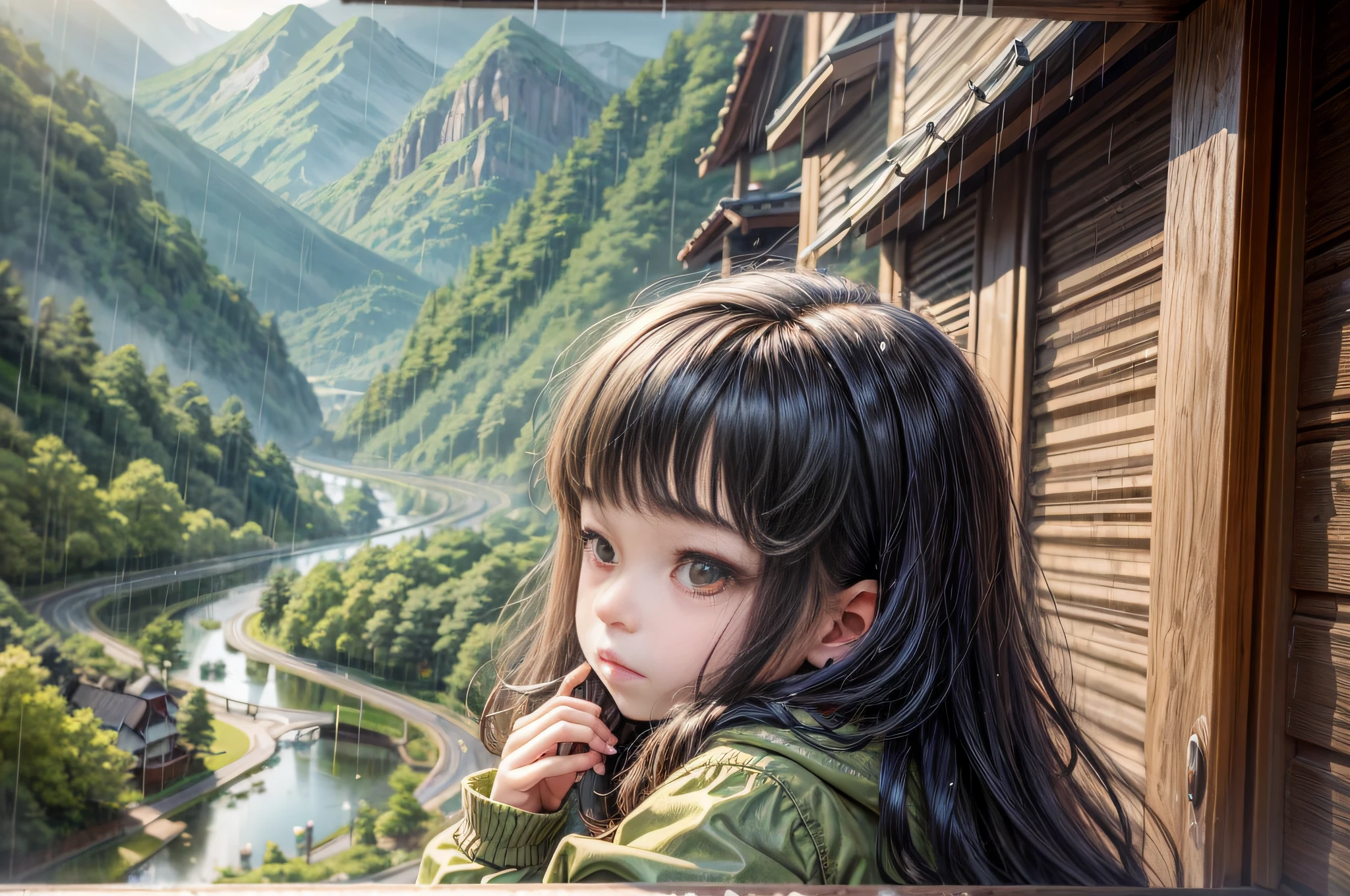 (Masterpiece),(Top Quality),(Super Detail),(Telegraph:1.2), Kid, Cute, Sad, 1 6--old l, modern Korean, Black hair, On a rainy day, the sunlight is dim and the raindrops are sad. winding mountain roads,