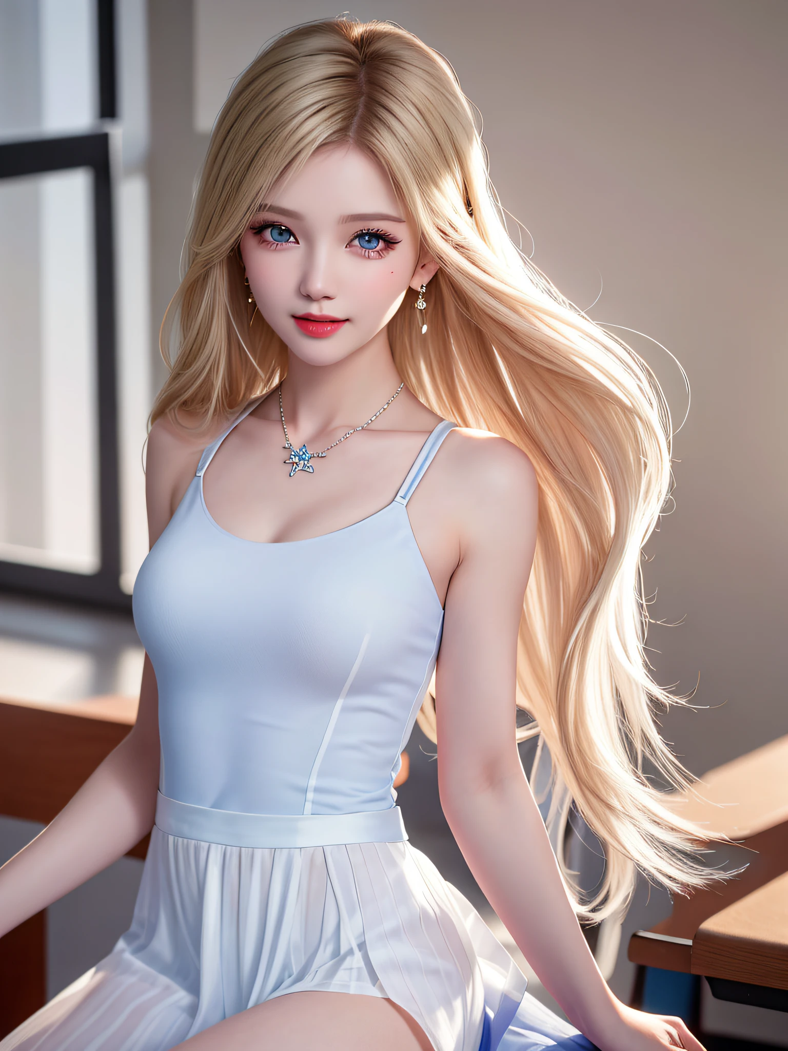 (legs open on classroom chair)), Female Teacher v6, Necklace, Earrings, Full Body V6, Long Gray Hair, Translucent Clothes, Look, Superb, Ultra High Definition, RAW Photography, Realism 1.25), (Bright Lip Gloss, Long Eyelashes, Smooth) Face, Light Skin, Natural Shadows, Wide Light, Wide Light, Depth of Field, Strong Colors, Subtle Caustics: 0.8), Smile, V6, There are windows showing different buildings in the city (absurdity, high resolution, super detail), smile, (((Adriaan Honnig))) girl with blonde hair and blue eyes, beautiful, thin, sexy pose, back figure, gaze is window side, ((white sheer one-piece flared skirt))
