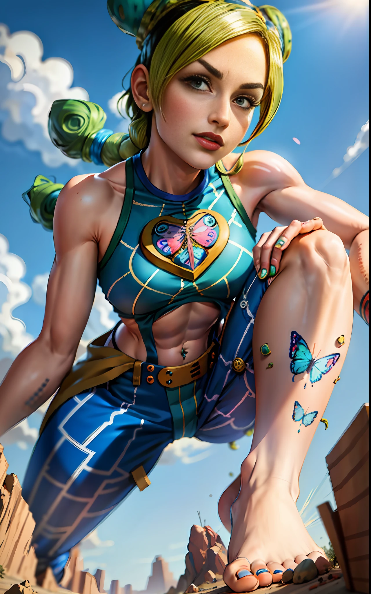 masterpiece, best quality, 1girl, solo, giant, giant, (((towering you)))), (full body), 1girl, jolynejojo, (((mini people climbing in jolyne))), digital art, masterpiece , green and blue hair, cropped, sleeveless, wearing pants