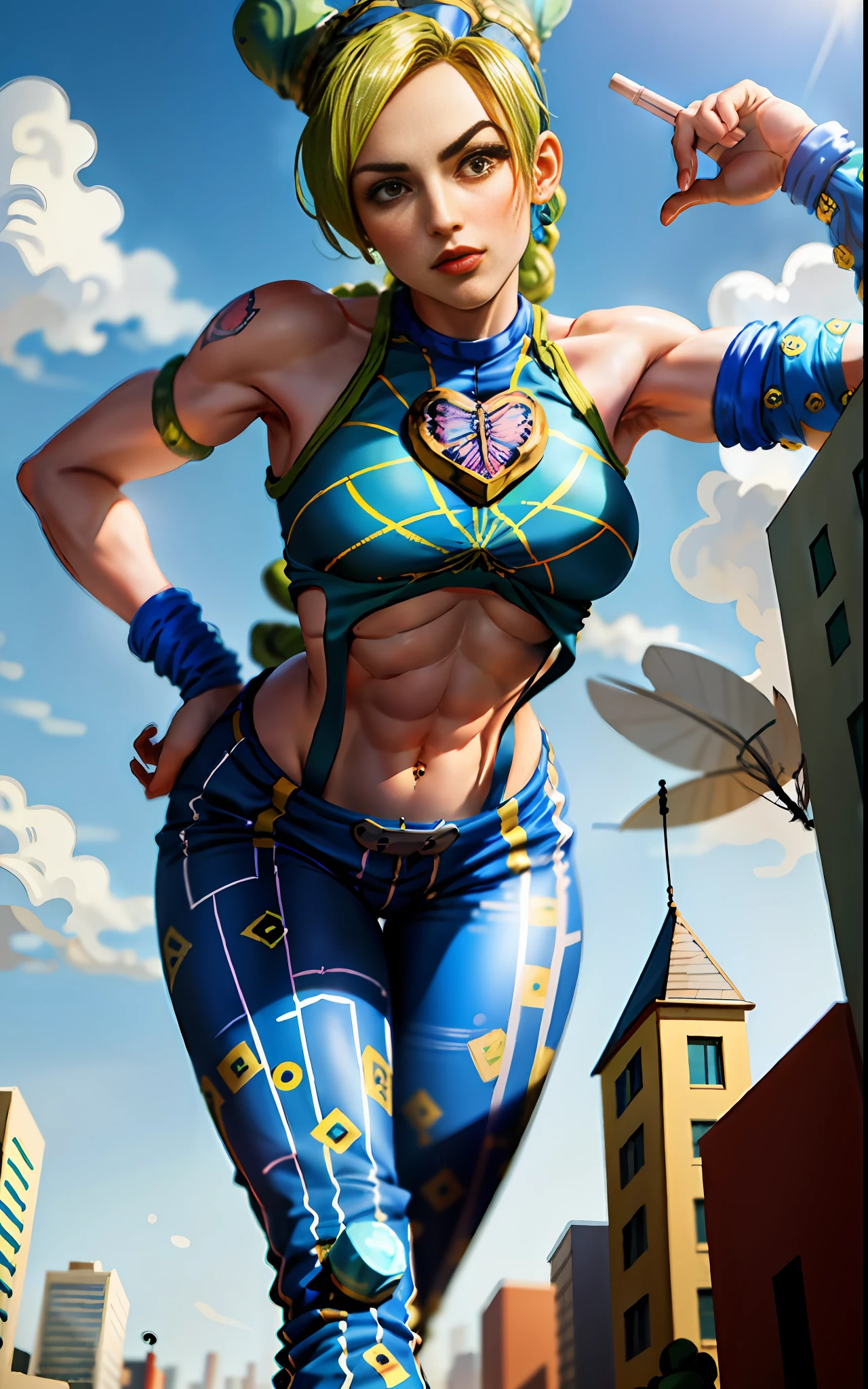 masterpiece, best quality, 1girl, solo, giant, giant, (((towering you)))), (full body), 1girl, jolynejojo, (((mini people climbing in jolyne))), digital art, masterpiece , green and blue hair, cropped, sleeveless, wearing pants