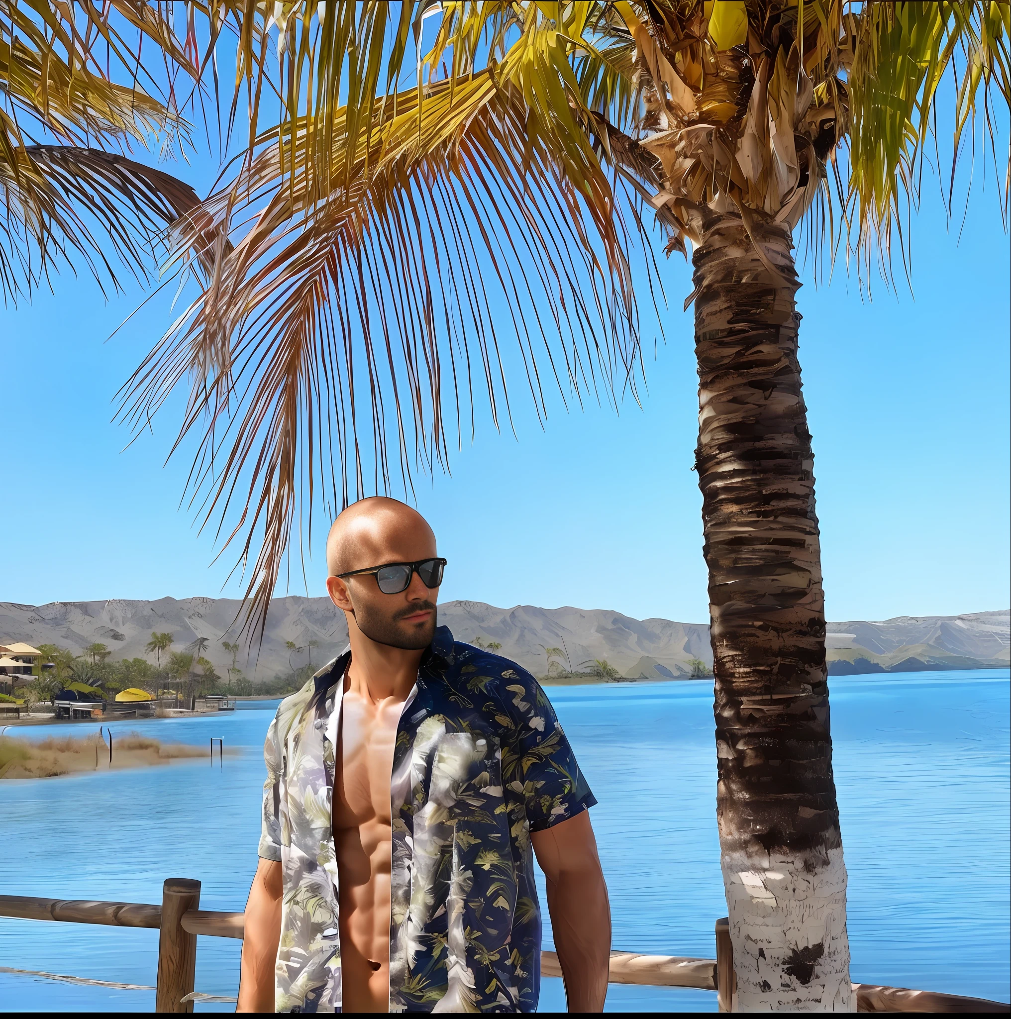Lagoon Crystal clear waters, a handsome man with abs defined dark brown hair next to a beautiful palm tree.