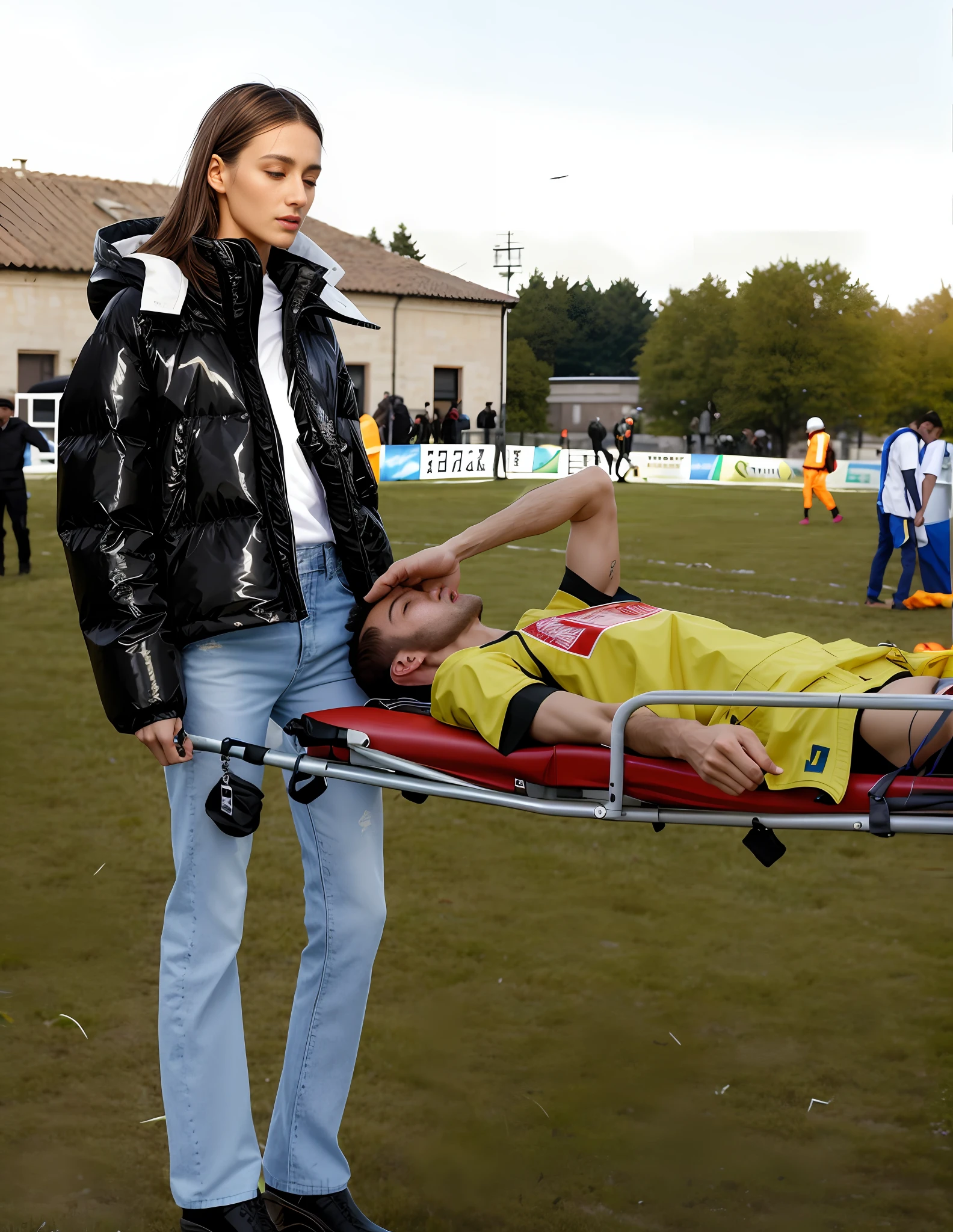 there is a sportsman in white shorts and a white t-shirt lying injured on a stretcher, there is an injured sportsman who is covering his face on a stretcher, an injured sportsman is covering his face with his hands, an injured sportsman is writhing in ecstasy on a stretcher, dramatic pity pose, there is a latino woman in a high-shine puffy coat, a high-shine black down coat, a long black moncler coat, a wetlook down coat, a wet black aquered coat, a latino wife is wearing a wetlook black uniform, injured, medic, laura sava, anna nikonova, very professional, by Dietmar Damerau, alexandra fomina, soccer action pose, affection pose, lecherous action pose, dramatic action pose, theatralic pose, there is an attractive woman that is carrying a skinny man, there is a beautiful woman in a shiny coat who is carrying a blond man in her arms, a longhaired beautiful woman in a high-shine black puffy coat, a longhaired woman in a shiny downcoat, a woman is carrying a shorthaired man who is wearing shorts and a t-shirt, a weak man in spots shorts is consciousless and needs to be carried, a shorthaired man with closed eyes is carried in the arms of a longhaired woman, a woman looks very scared and terrified, a consciousless man with closed eyes is suffering very much and has a very painful face, photo, photo shoot, photographed , accident, help, aid, first aid, pity, woman standing next to a man on a stretcher in a field, vetements, future inflatable jacket, aesthetic shot, injured, mina petrovic, sergey krasovskiy, julia sarda, off - white collection, memes, egor letov, viktoria gavrilenko, ilya kushinov, raphael personnaz, realistic shot, real shot